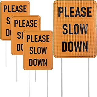 4 Pack Please Slow Down Signs for Yard with Stakes, 16x12 inch Double Sided Reflective Please Slow Down Signs, Corrugated Plastic Safety Sign for Neighborhoods, Streets, Kids and Pets at Play