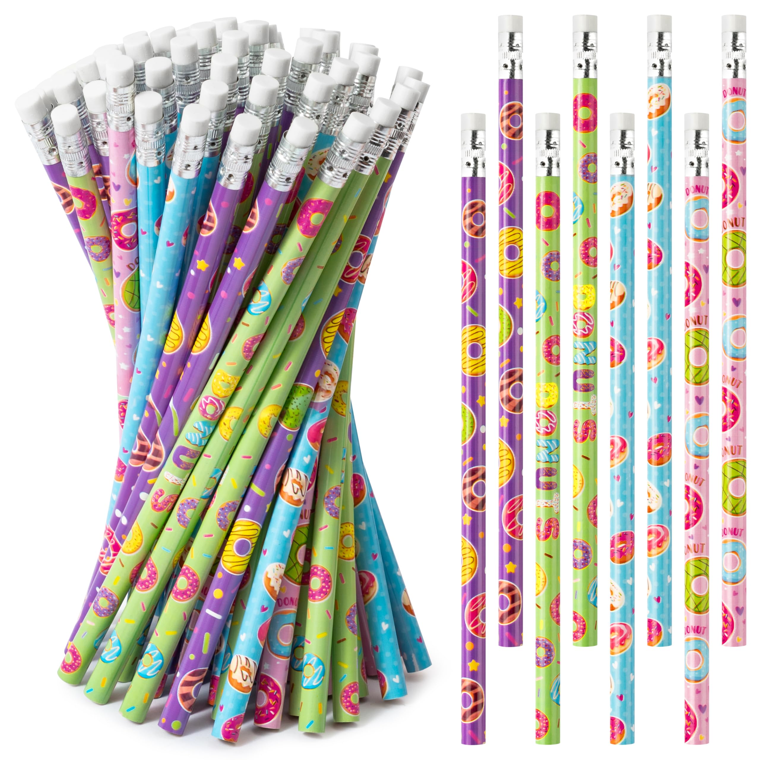 Xqumoi 60Pcs Doughnut Pencils with Erasers - Cute Donut Themed #2 HB Wooden Pencils in Bulk Birthday Party Favors Classroom Student Rewards Goodie Bag Fillers Stuffers Back to School Gift