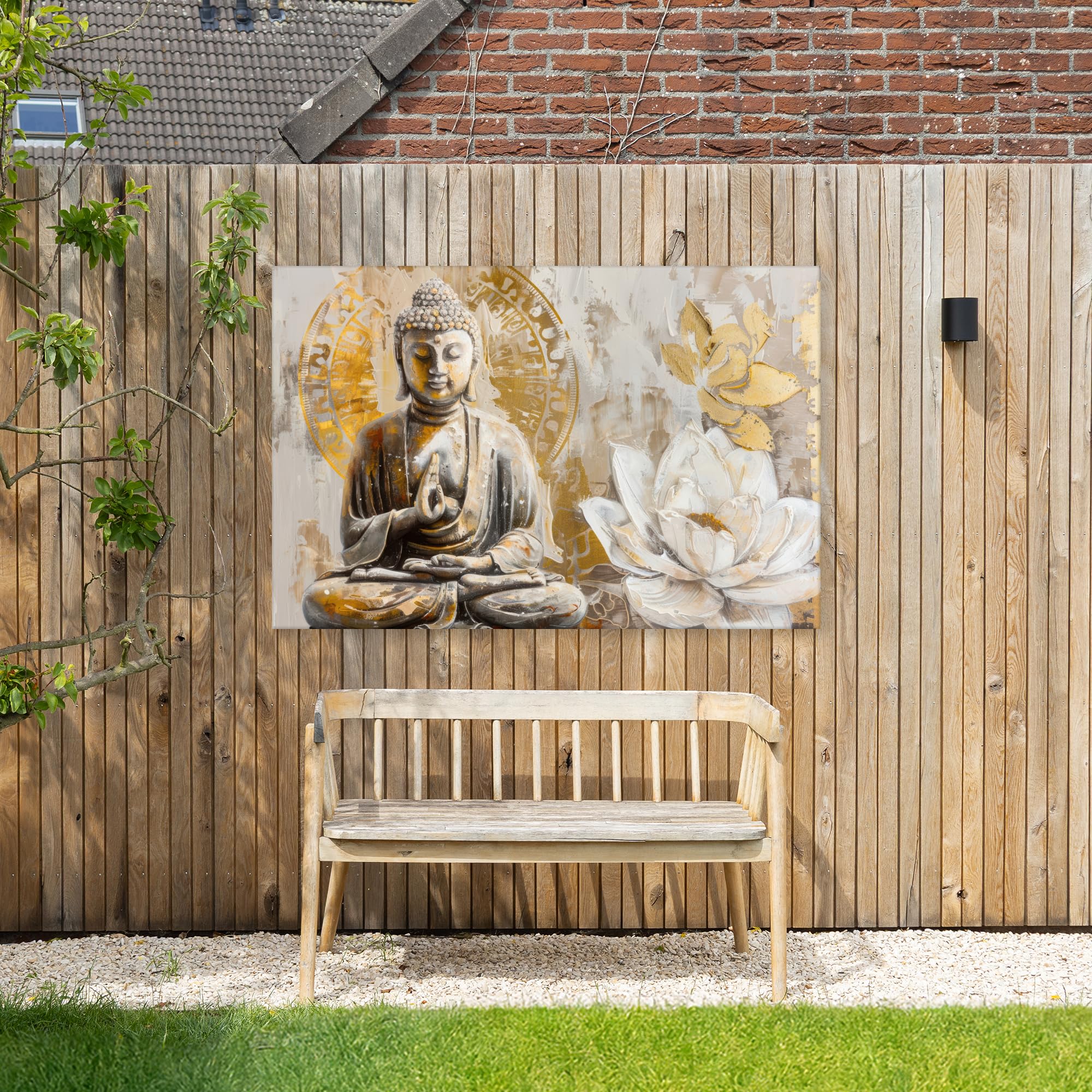 Gartenbild 150x100 cm Outdoor Deko Garten Leinwand Modern Wandbild Wetterfest Kunstdruck Terrasse Geschenke Draußen Buddha - Blume - Lotus - Spiritualität