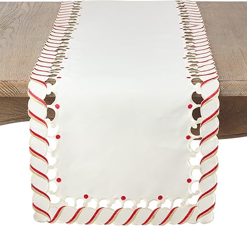 SARO LIFESTYLE 1633.I1690B Bonbon Collection - Camino de mesa navideño con diseño de bastón de caramelo, 16 x 90 pulgadas, color marfil