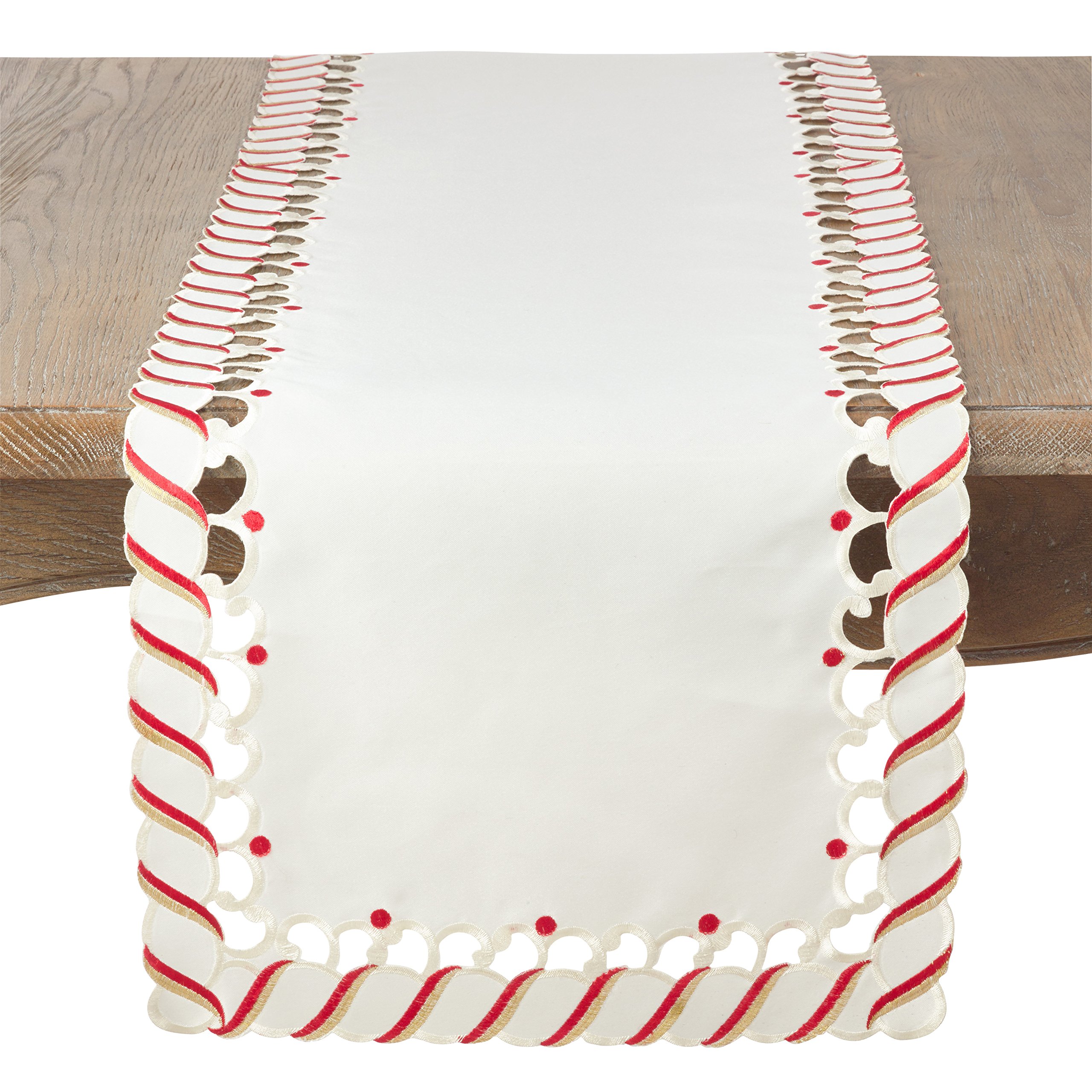SARO LIFESTYLE 1633.I16108B Bonbon Collection Candy Cane Design Christmas Holiday Table Runner, 100% Polyester, Ivory
