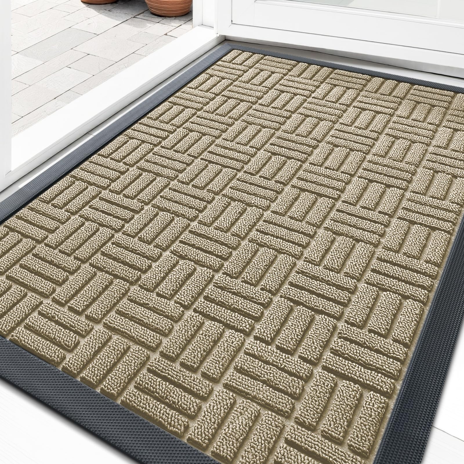 OLANLY Front Door Mat Outside Entrance 35x23, Absorbent, Heavy Duty Sturdy Natural Rubber Doormat Indoor Outdoor, Stain and Fade Resistant, Non-Slip Backing Low Profile Floor Mat for Entryway, Beige