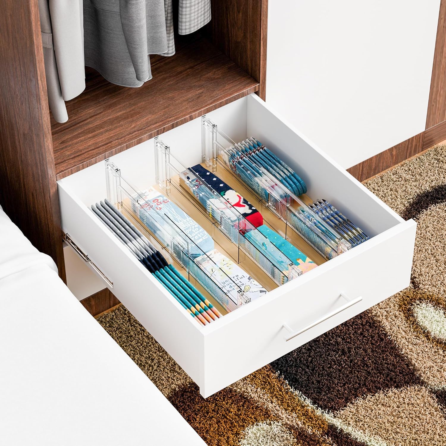 Yieach 4 Pack Clear Acrylic Drawer Divider 6 Inch High,Expandable from 14-20'',Adjustable Dresser Drawer Dividers for Baby Clothing,Underwear and Sock,Separators,Deep Drawer Separators for Kitchen