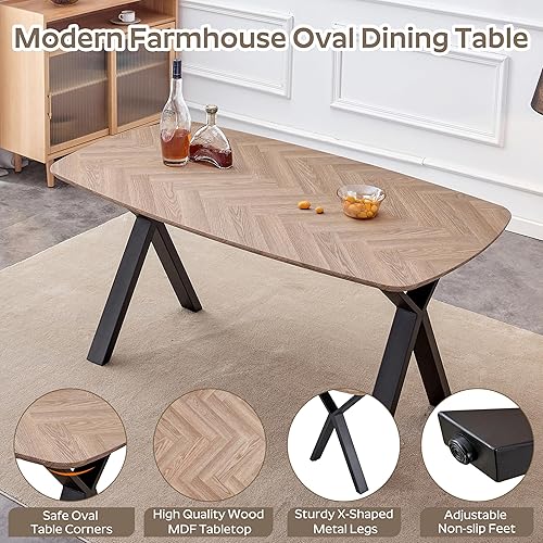 Miniatura 5 de RGZ Juego de comedor ovalado moderno de mediados de siglo, 7 piezas, juego de mesa rectangular de cocina de madera rústica para 6, 71 pulgadas,