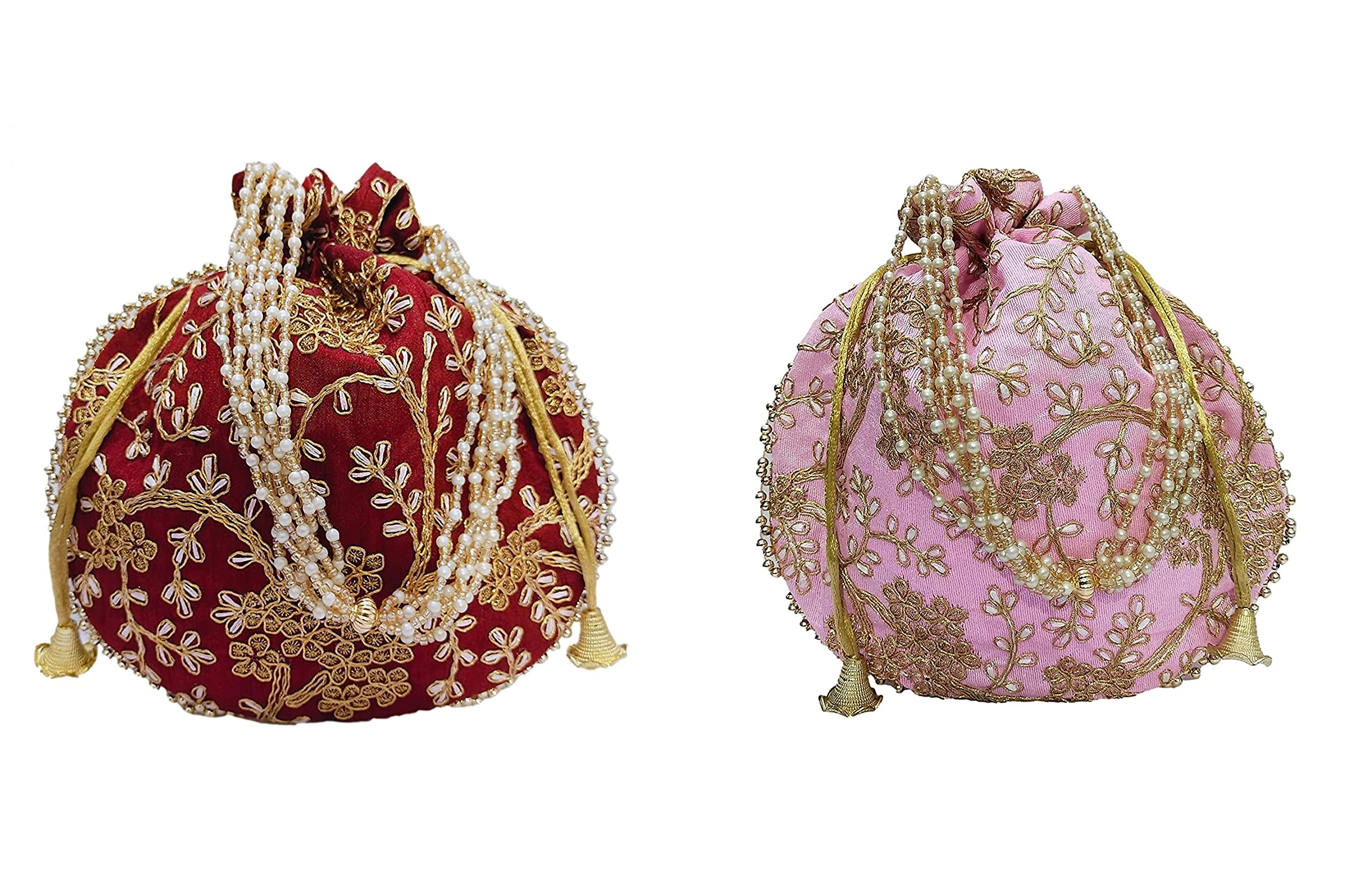 Potli bag (Pack of 2 Potli) Baby Pink and Maroon Matka Designer handbags for Women wedding party and Return gift potli bags for party accessories .Outer Golden Embroidered Design-image-36