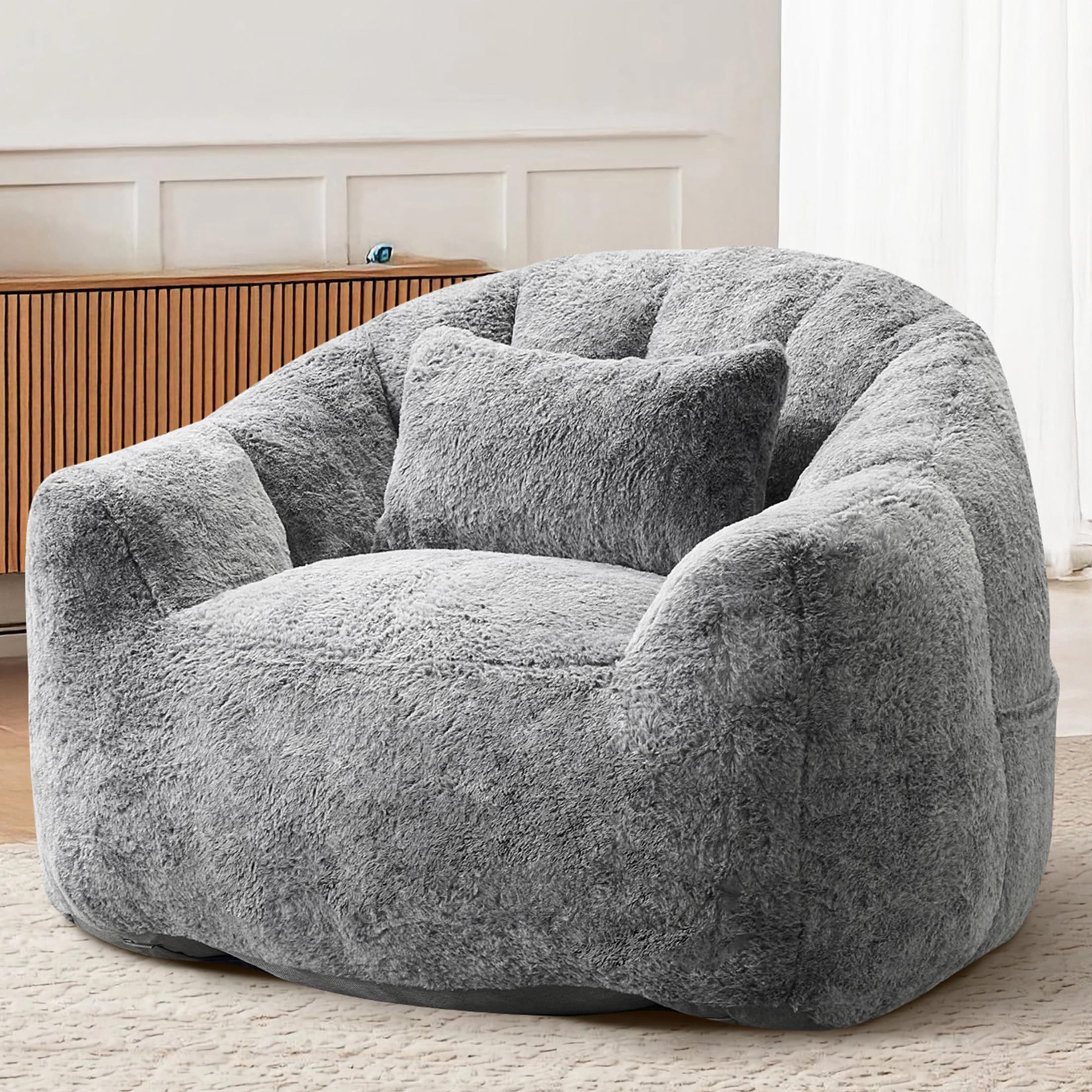 Sitzsack für Erwachsene, Flauschiger Loungesessel aus Kunstfell mit Kissen, Belastbarkeit bis 160 kg, Vakuumverpackt & ohne Montage, für Wohnzimmer, Schlafzimmer, Balkon, Grau