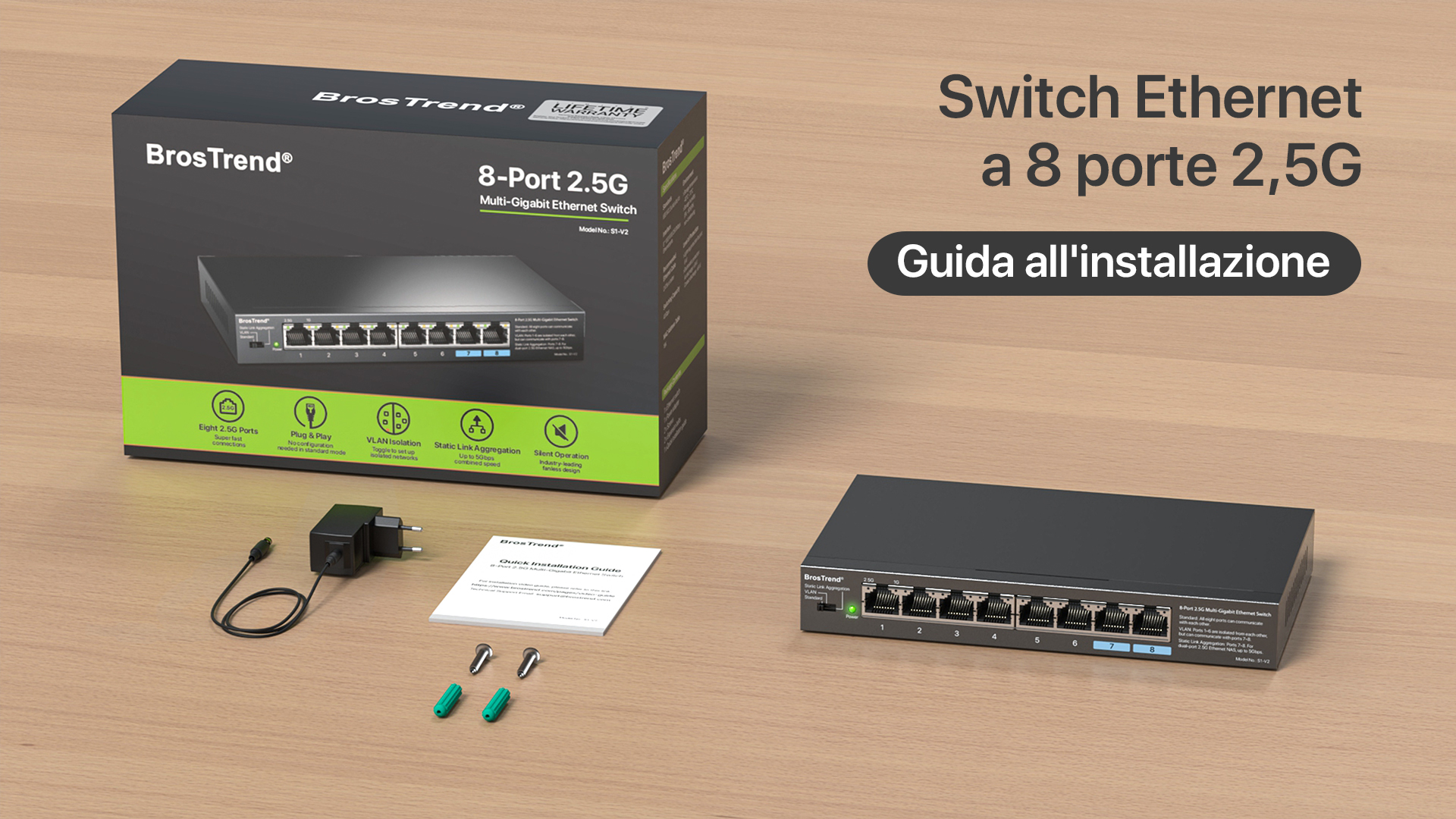 Switch Ethernet 2.5G 8 Porte BrosTrend – Plug-and-play, VLAN, Aggregazione Link, Metallico E Senza Ventola