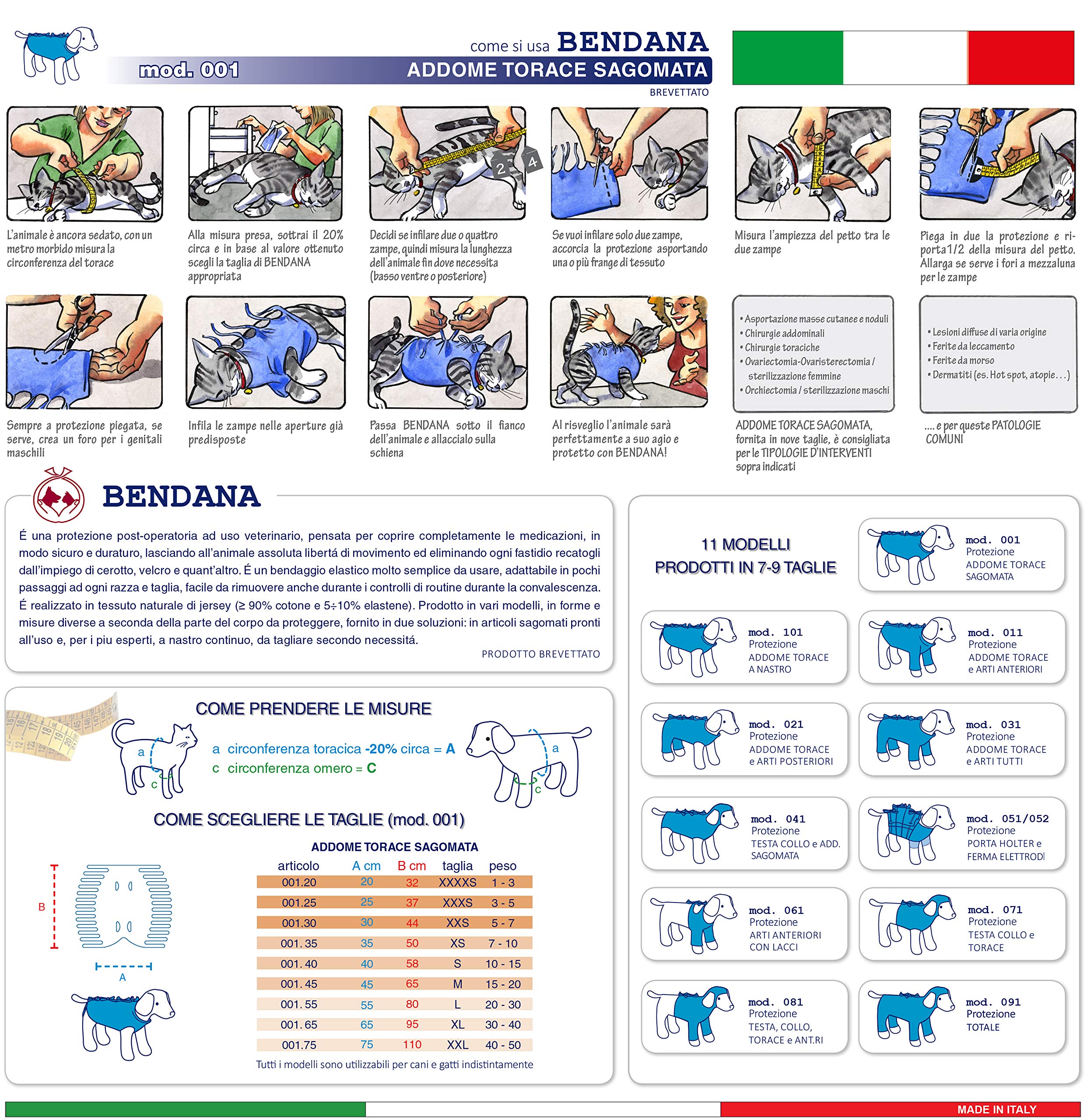 Body Post-operatorio per Cani e Gatti, Protegge ferite e bendaggi, garantisce igiene e Pulizia lasciando libertà di Movimento all'Animale. Addome e Torace sagomata - 001.35 XS