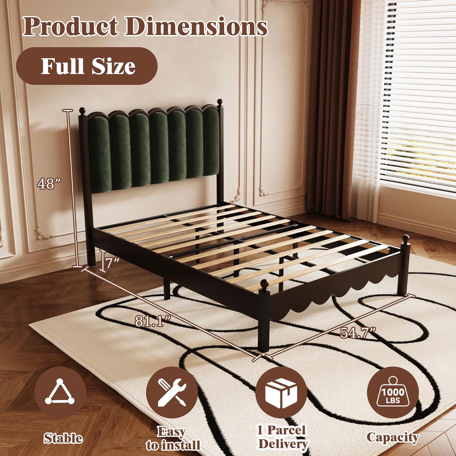 Wooden Full Size Bed Frame, Velvet Platform Bed with Tall Upholstered Headboard, Solid Wood Four Poster Bed, Vintage Style Bed Frame with Wood Slats, No Box Spring Needed, Noise-Free, Green