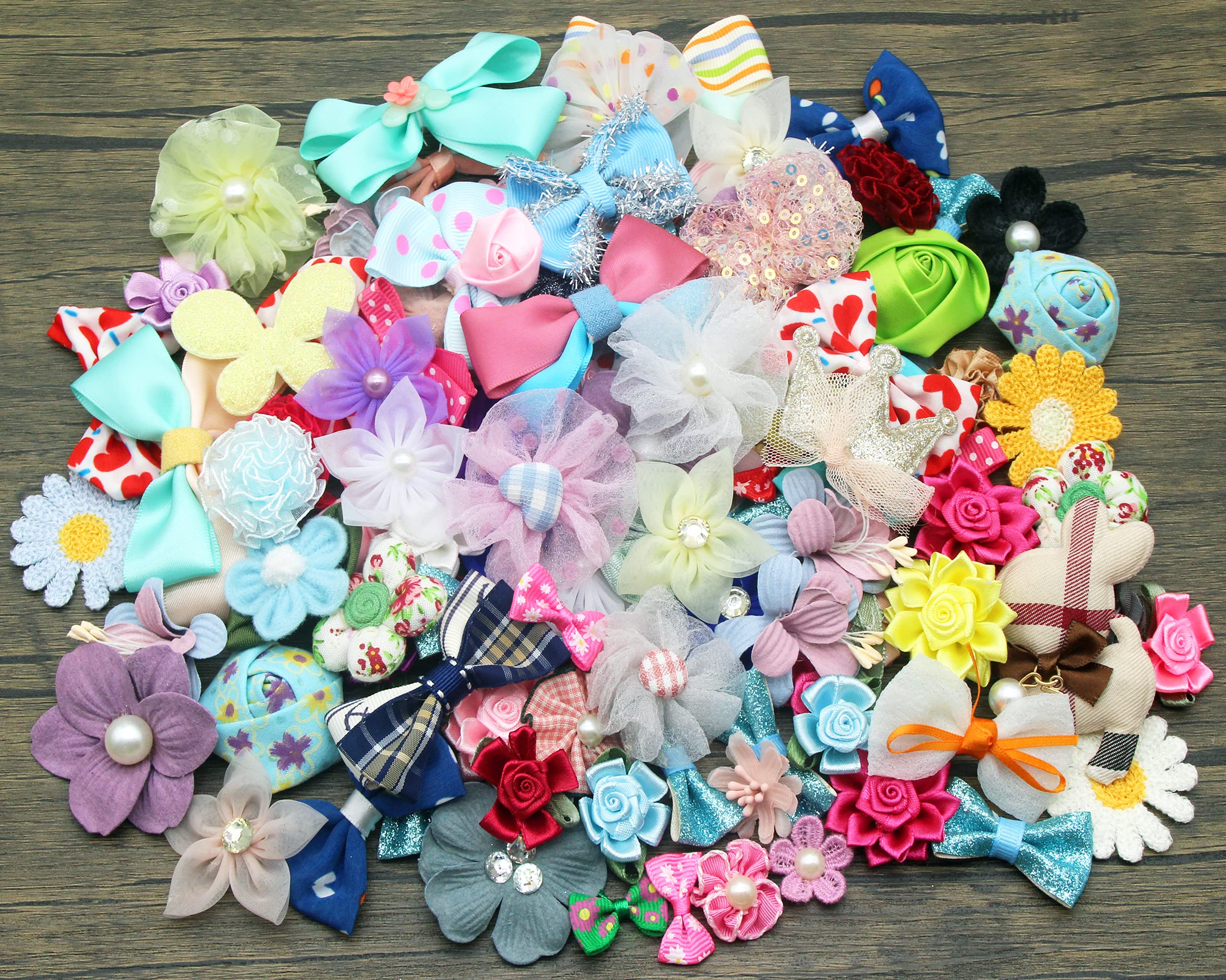 100 Count Mix Satin Ribbon Rose Flowers Bows Appliques Organza Daisy Flower Embellishments for Sewing, Craft Project, Hair Bow Headband (Mixed)