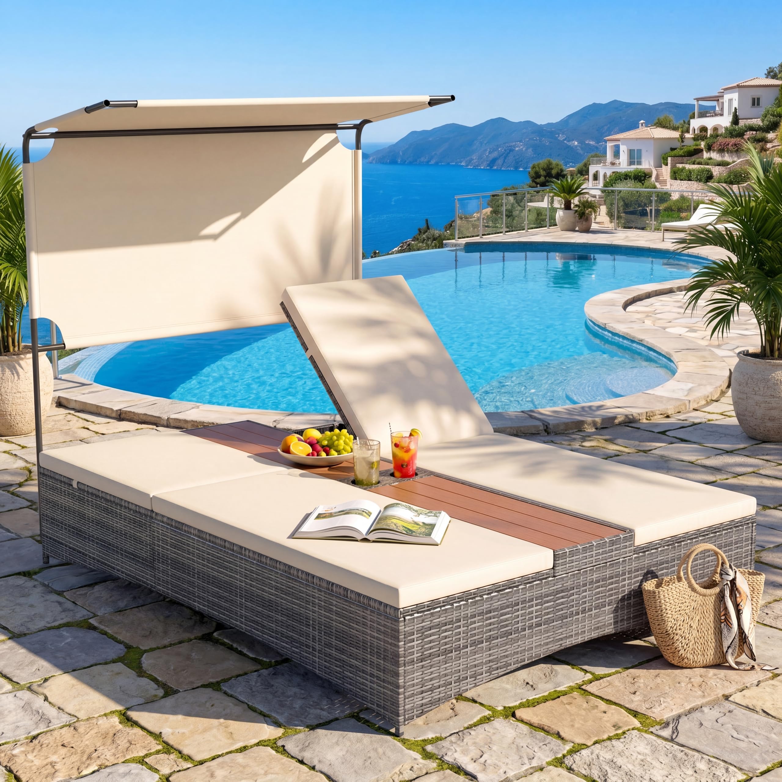 GIANTEX Lettino Prendisole a 2 Posti, Lettino da Giardino in Rattan e Metallo, Schienali Regolabili e Tettuccio Integrato, Moderno Sdraio con Cuscini Morbidi e Tavolino per Piscina e Cortile (Beige)