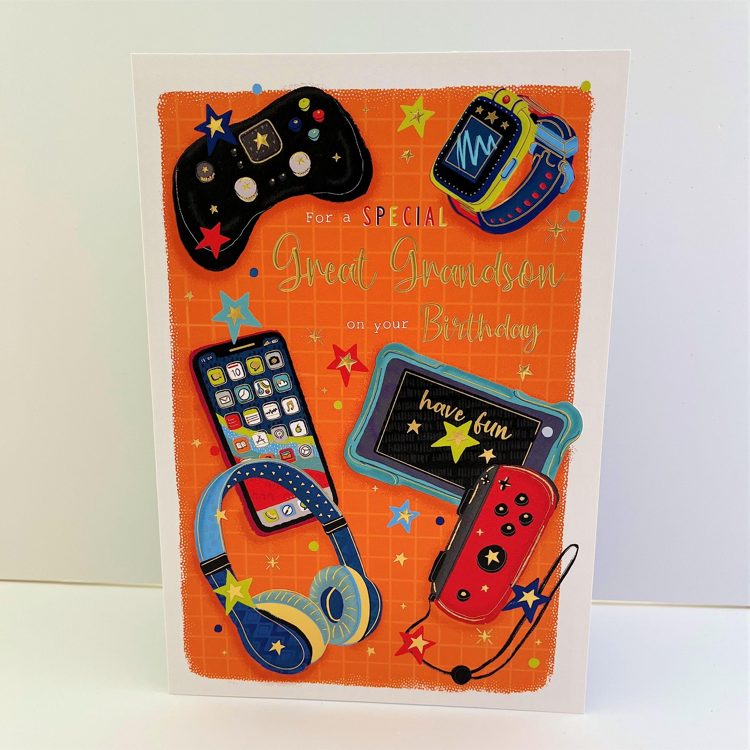 Great Grandson' Birthday Card - Computer Games & Technology Embossed with Foil - Made in the UK by International Cards & Gifts