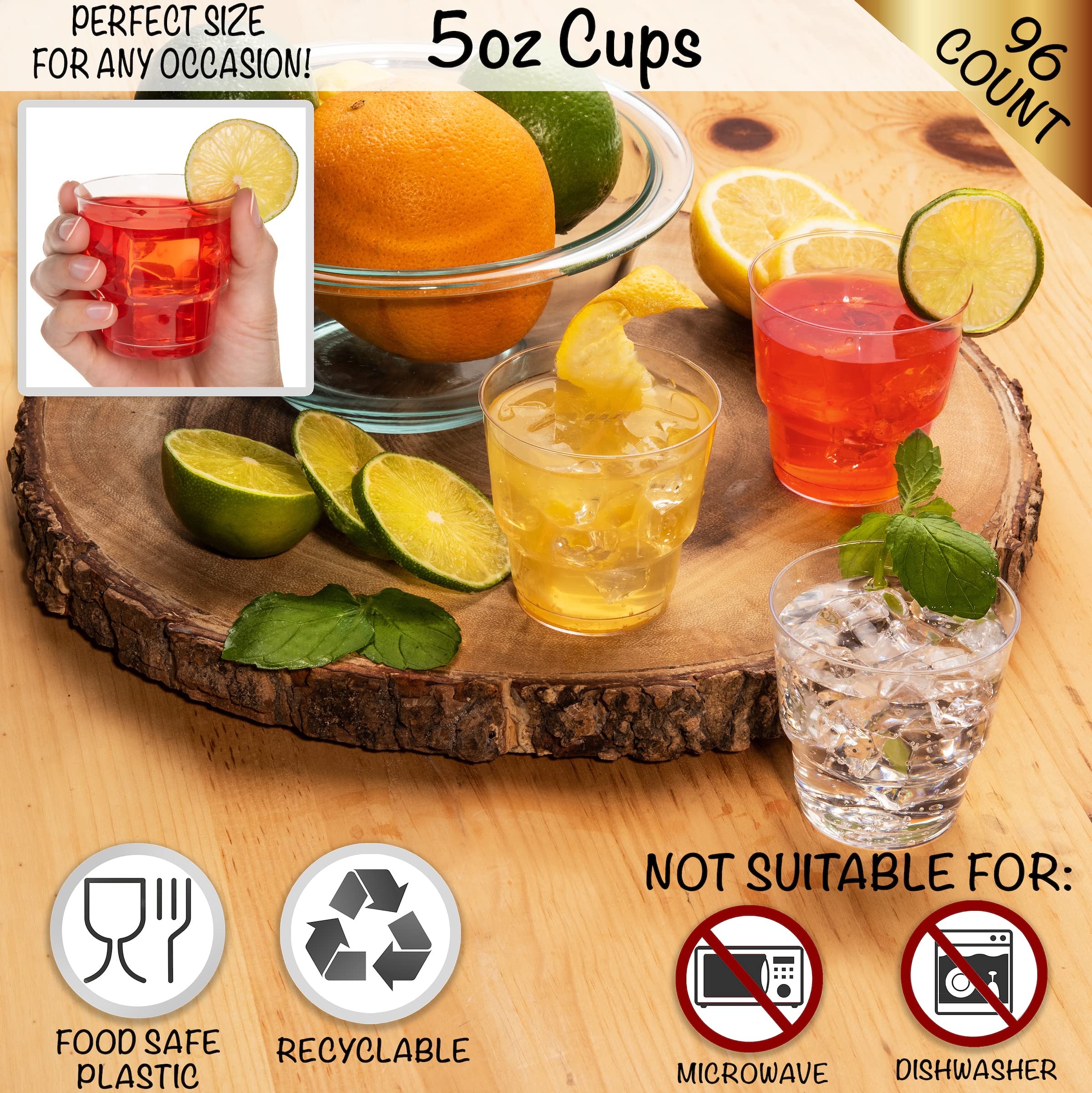 Vasos pequeños de fiesta de 5 onzas, paquete de 96 unidades, plástico duro transparente, resistente, grado alimenticio, mini tazas para cócteles y bebidas de fiesta, reutilizables, 96