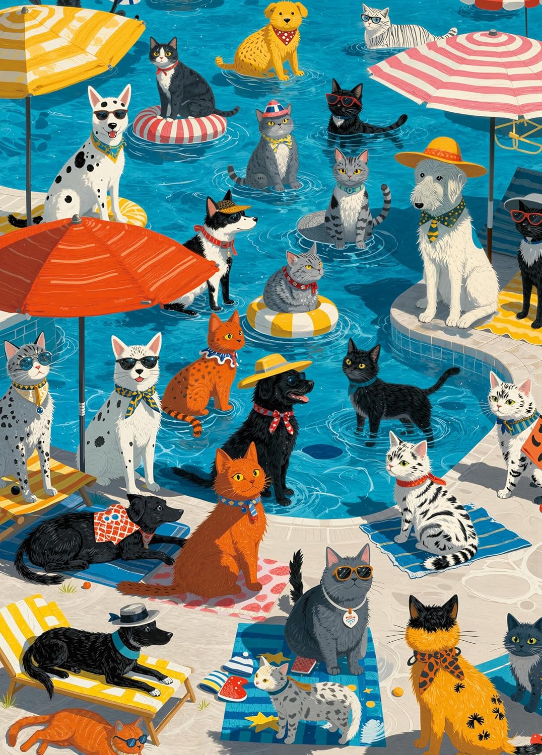 1000 Pieces Puzzle for Adults, Challenging Funny Paws Poolside Party Jigsaw Puzzles, Premium Matte Finish, 27.56 x 19.68 Inches, Perfect for Game Nights