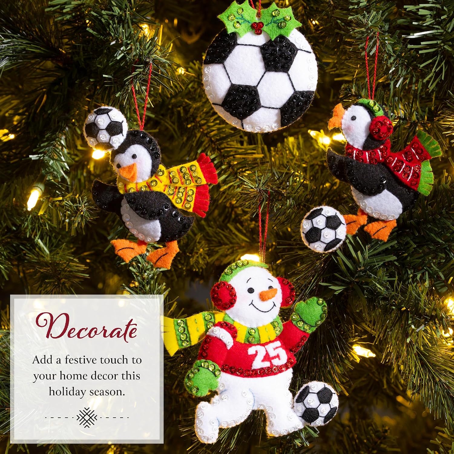 Bucilla, Felt Applique Ornament Making Kit, for DIY Arts and Crafts Projects, Set of 4, Soccer Snow Day