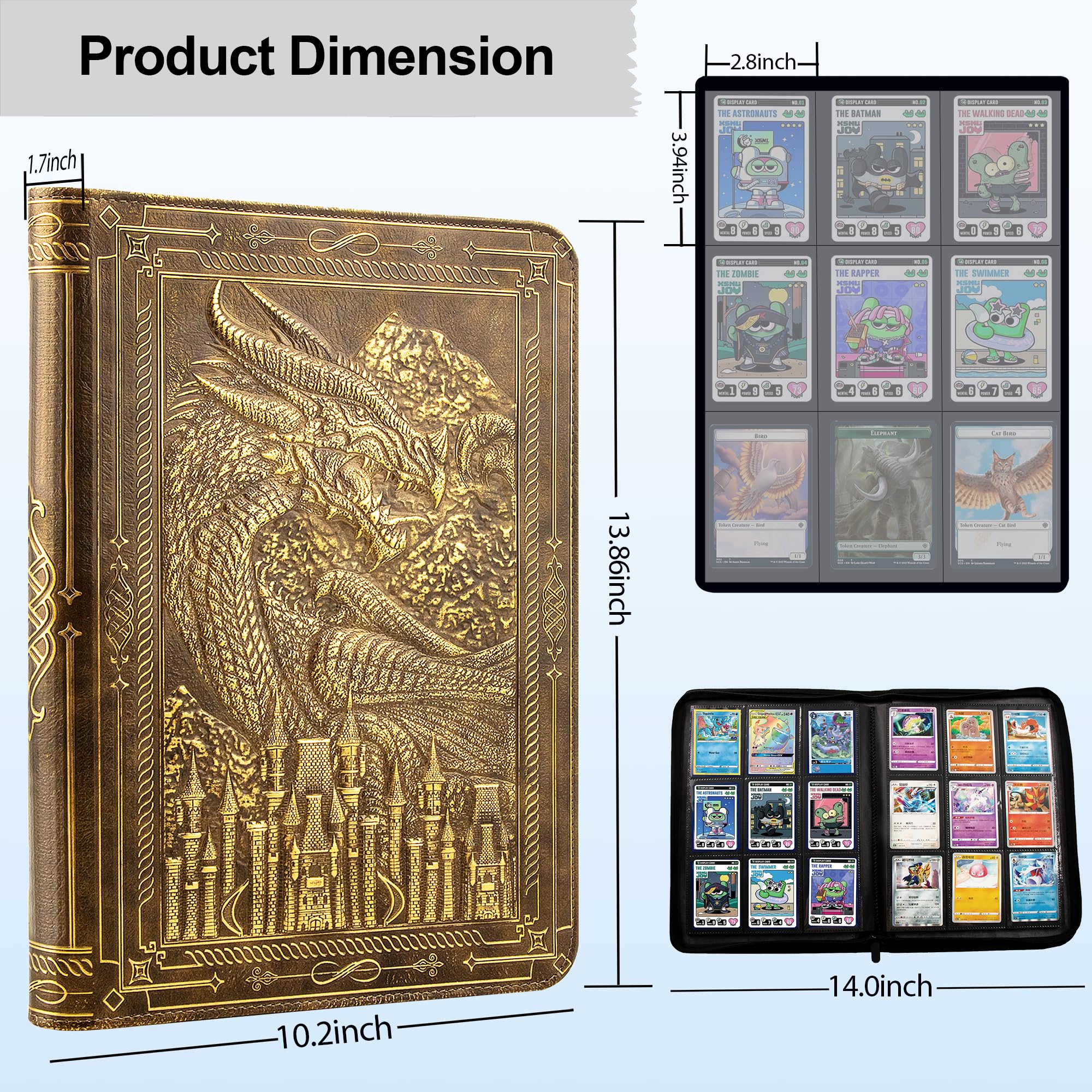 FEIDIAO Raccoglitore per carte collezionabili a 9 tasche, 360 tasche laterali, con cerniera, in pelle PU 3D goffrata, con drago, libri di carte collezionabili, album da collezione per MTG, TCG,