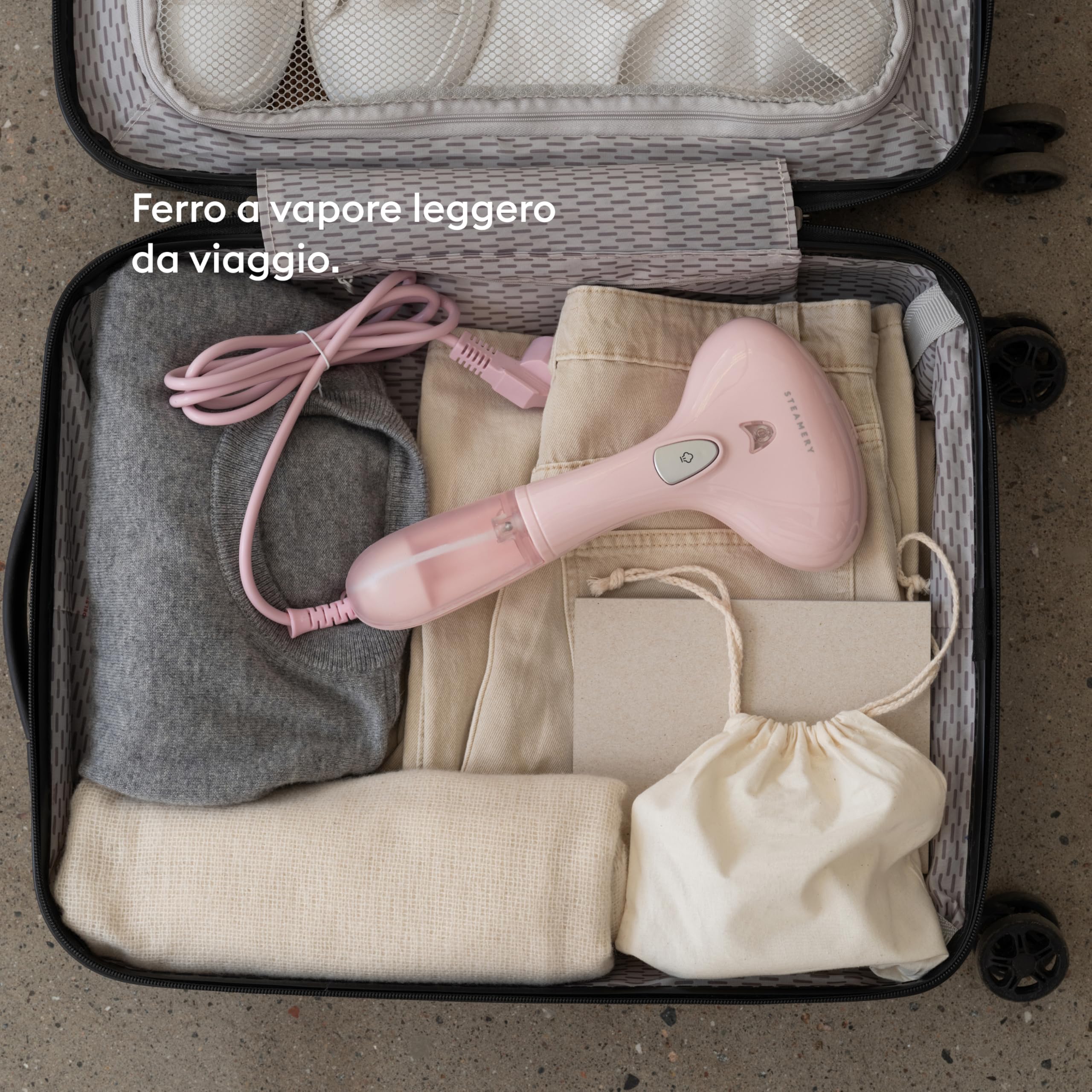 Steamery Ferro da stiro a vapore portatile Cirrus 1, 1500 W, emissione di vapore di 16-20 g/min, risultati senza grinze, riscaldamento in 25 secondi, portatile e adatto ai viaggi, design compatto