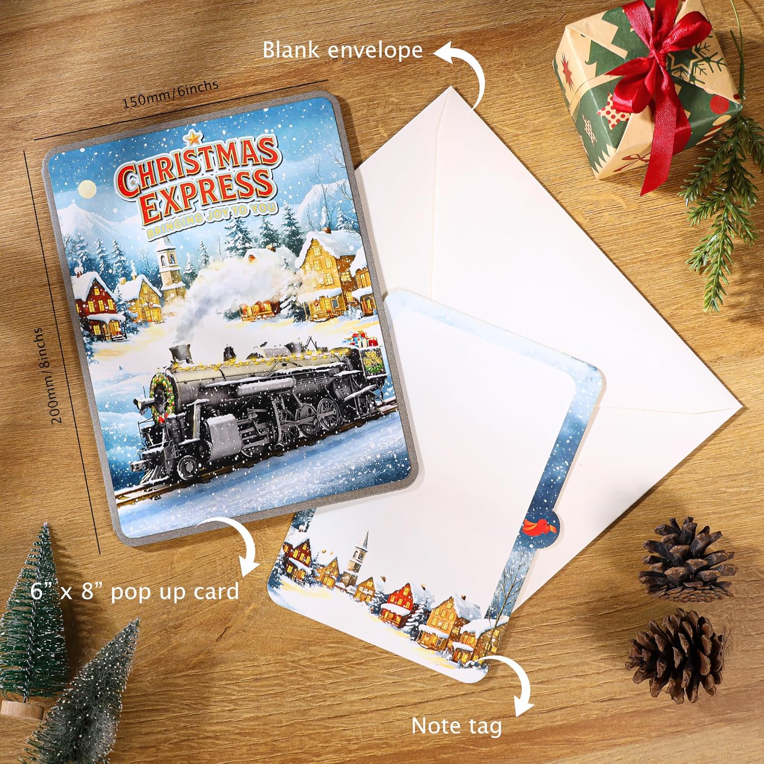 3D Christmas Train Pop Up Card, Festive Holiday Steam Train with Snow Village – Unique Christmas Card with Envelope and Note Tag, Xmas Festive Handcrafted for Family, Friends, Adults, Kids 6x8 - Image 6