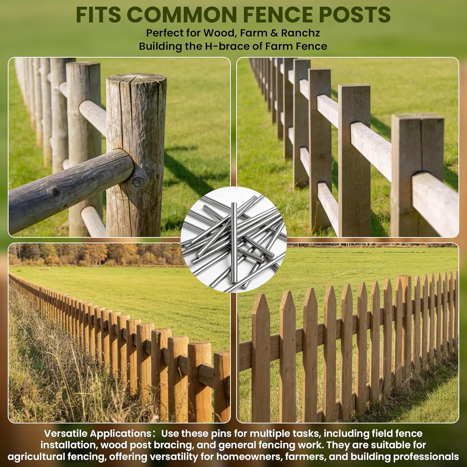 10 Inch x 3/8 Inch Fence Brace Pin, 50 Pack Galvanized Steel Fence Post Pin for H-Fence, Rust Resistant Plated Brace Pins Wood Post Bracing Tool for Farmers Contractors Homeowners Fram Ranch Garden