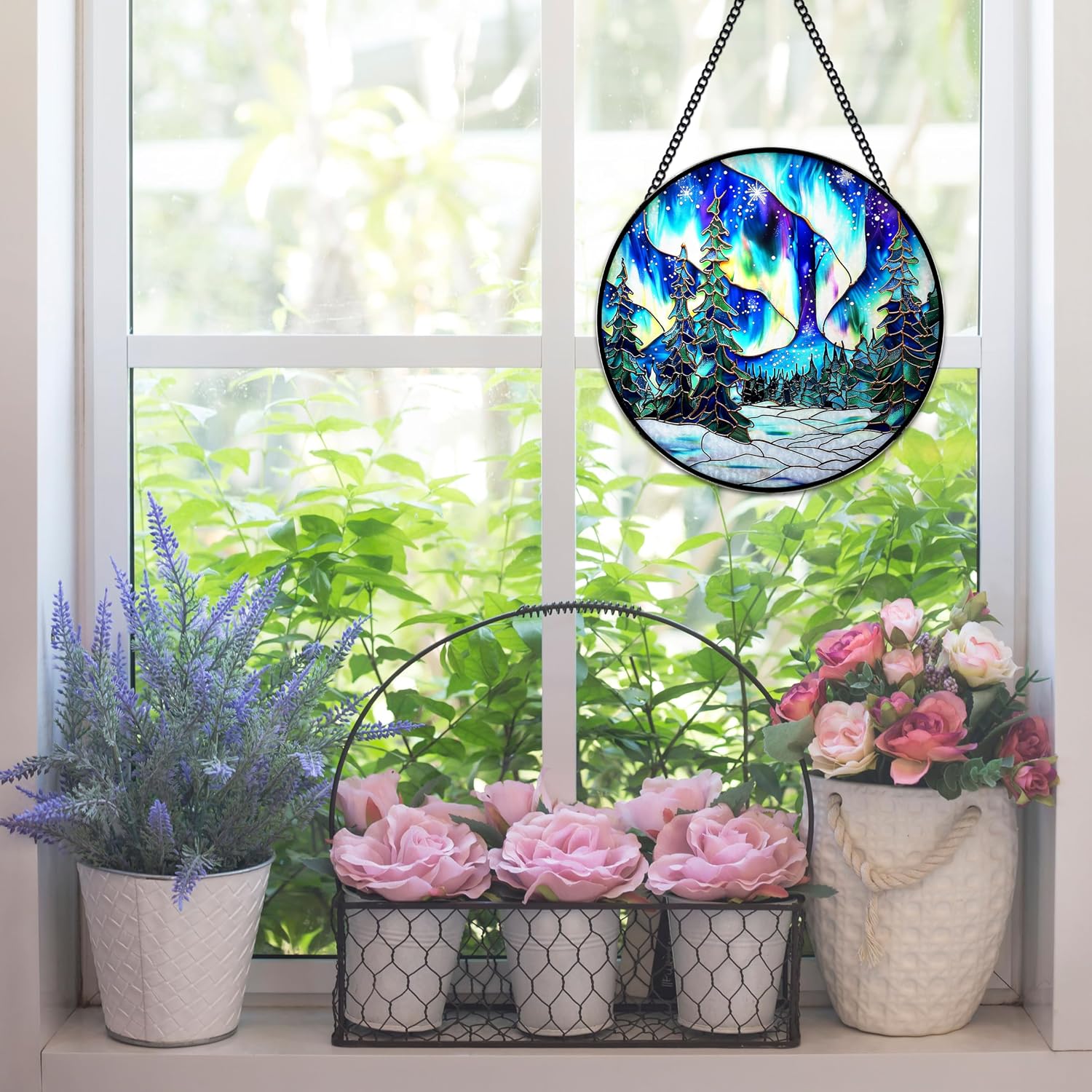 Stained Glass Window Hanging, Northern Lights Winter Forest Round Sun Catchers Glass Panel Suncatcher Decor for Home, 7.8Inch. (008)
