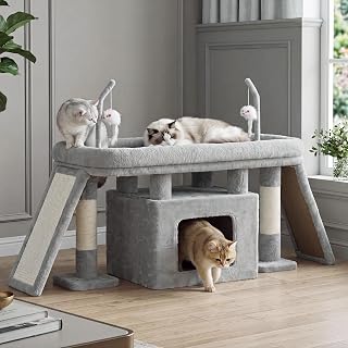 Heybly Cat Tree Extra-Long & Stable 2 Adjustable Scratch Boards HCT210SW | Easy-Climb Cat Tower with Dual-Leg Floor Condo, Sturdy Cat Furniture with Extra Wide Platform & Interactive Toys, Light Gray