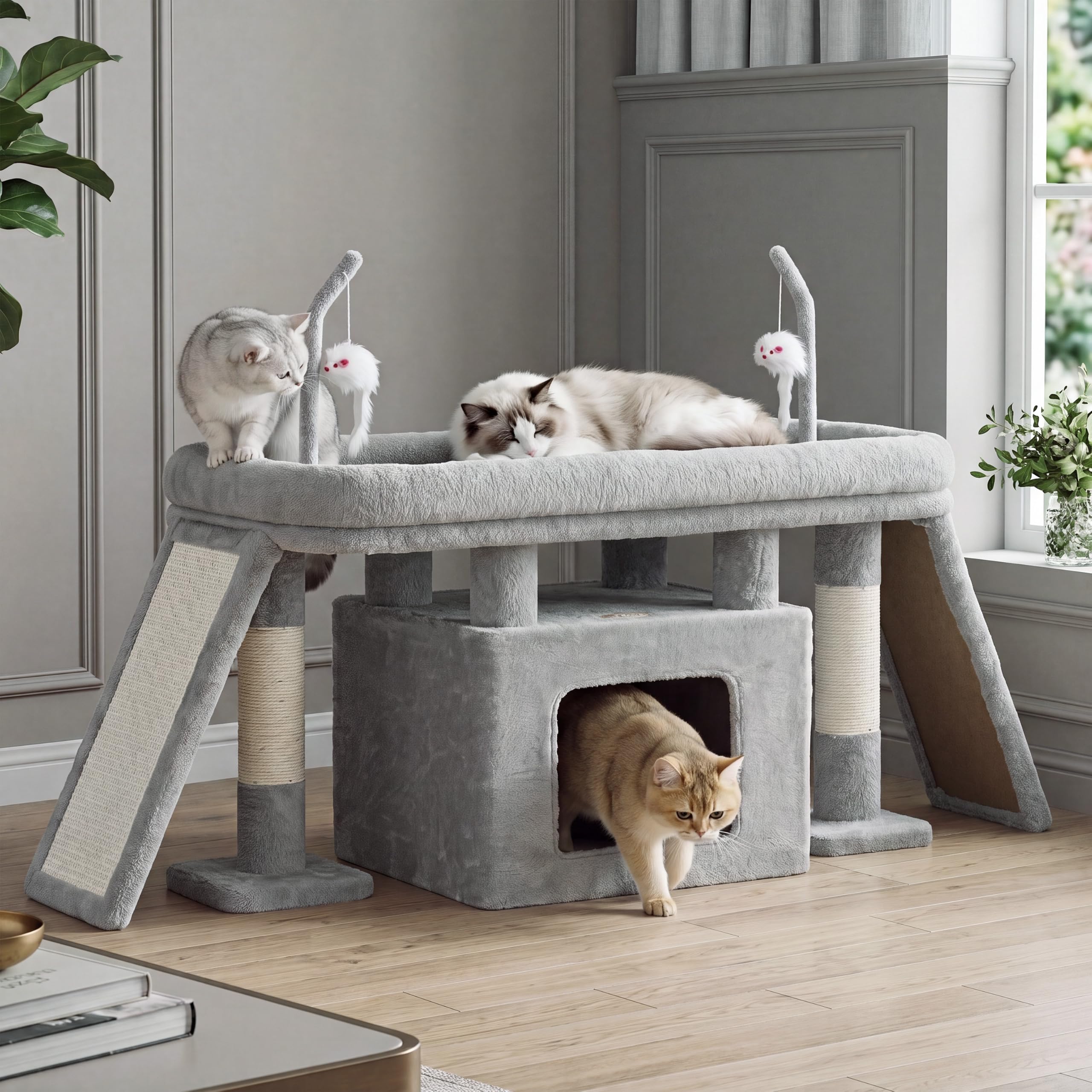 Heybly Cat Tree Extra-Long & Stable 2 Adjustable Scratch Boards HCT210SMJ