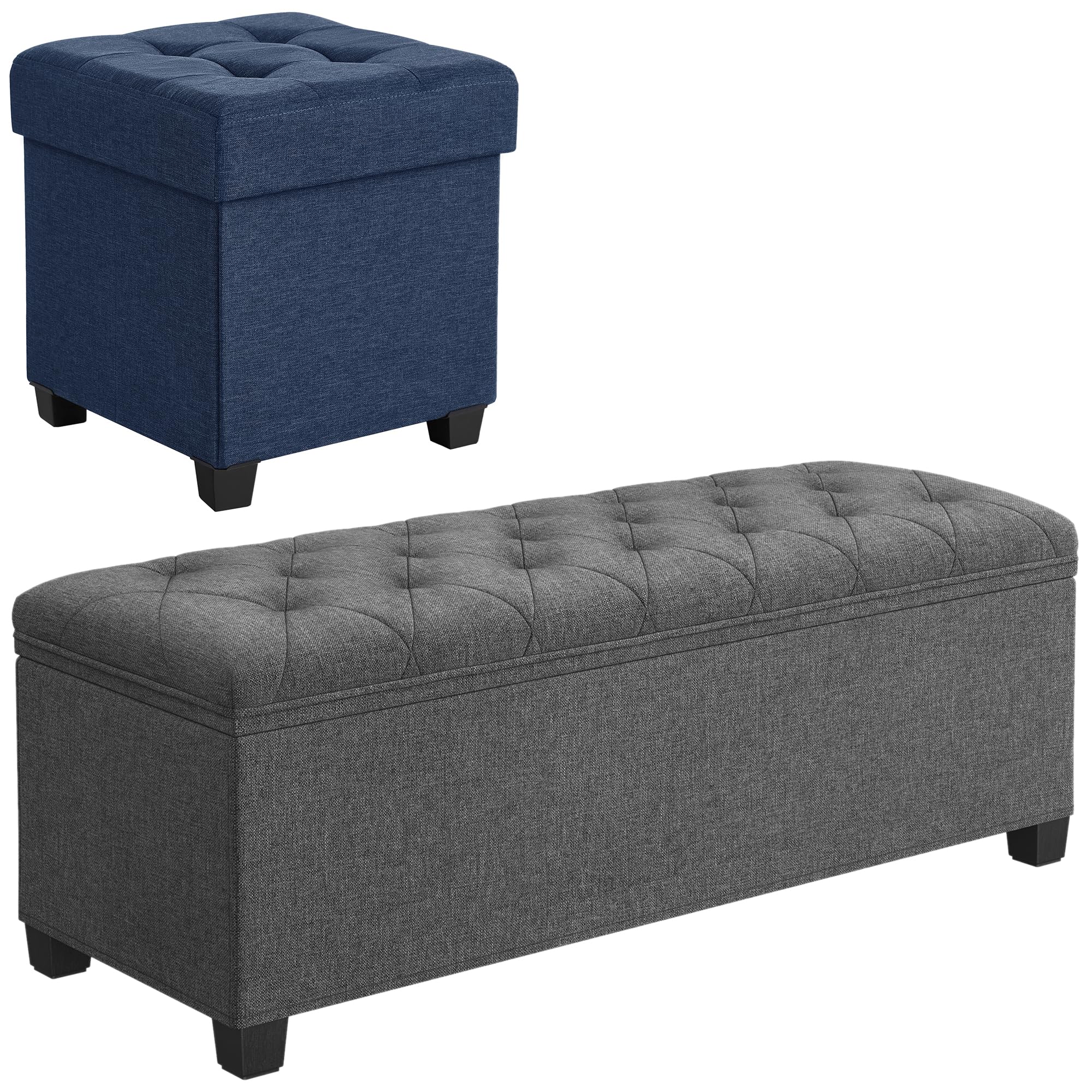 SONGMICS Storage Ottoman Bench Bundle, 15 Inches Cube Storage Ottoman, Dark Gray and Dark Blue, Linen Top