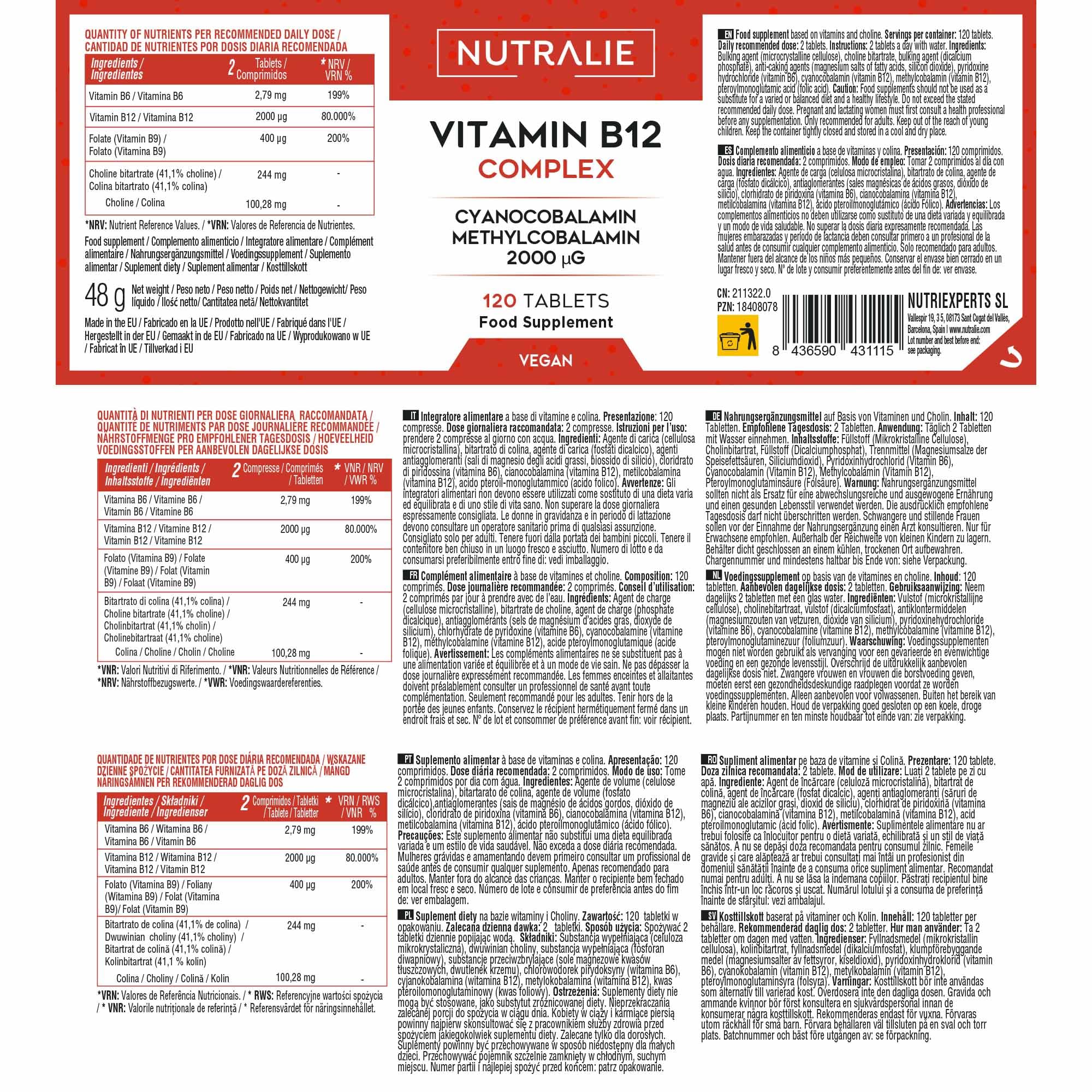 Vitamine B12 Vegan 2000mcg Méthylcobalamine et Cyanocobalamine - Fatigue et immunité - 120 Comprimés Végétaliens Nutralie