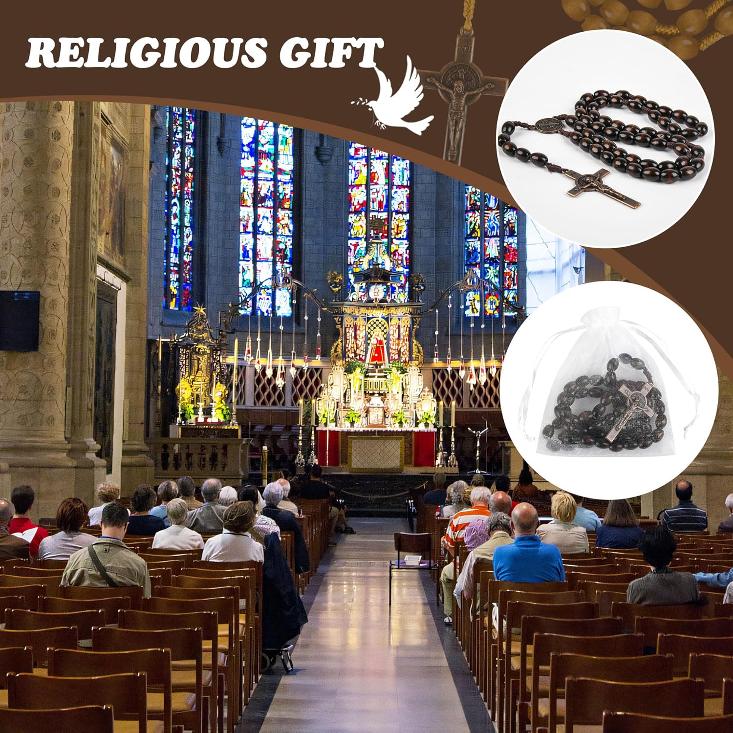 60 Set Wooden Rosary Beads Bulk Wood Rosaries Catholic Beads for Men Women Jesus Holy Crucifix Cross Rosary with Organza First Communion Baptism Favors Religious Christians Church Presen (Dark brown)