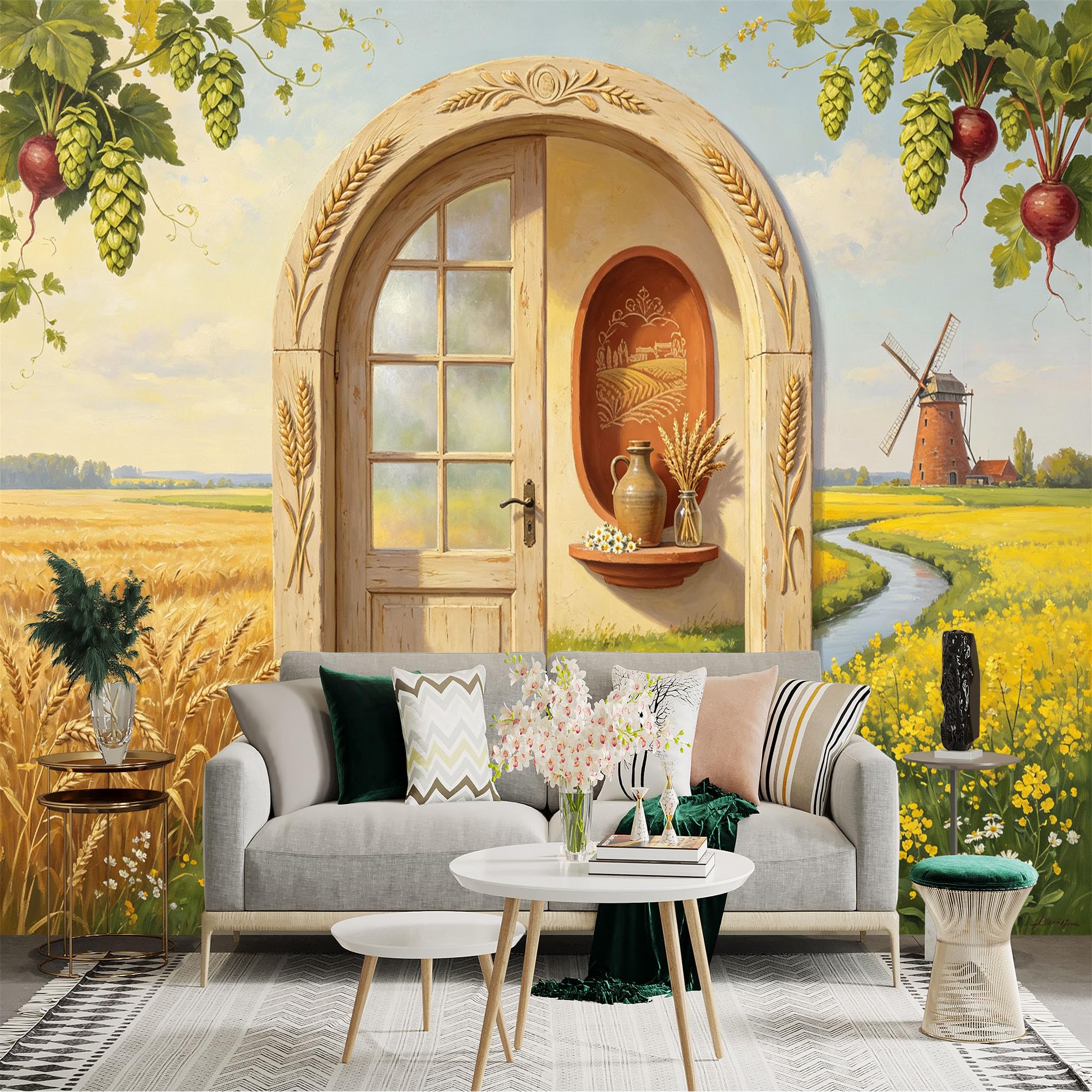 Custom Size Wall Sticker Mural， Rustic Farmhouse Door， Wheat Field， Countryside Windmill Landscape， for wall Decoration， peelandstick wall Decals.