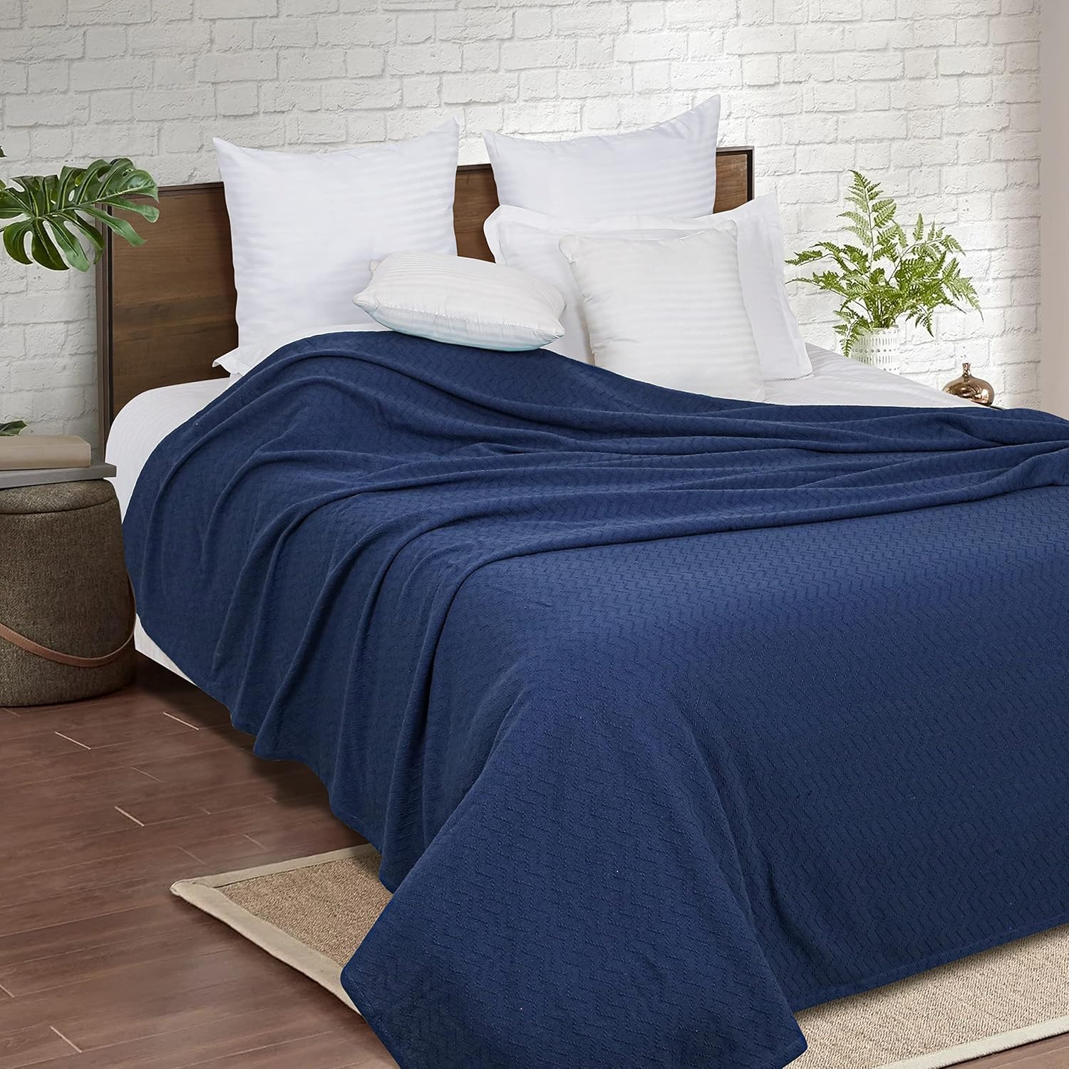 Belizzi Home 100% Cotton Bed Blanket, Breathable Thermal Blanket Twin Size, Soft Chevron Thermal Blanket 60"x90", Cotton Bed Blanket, Perfect for Layering Any Bed for All Season, Navy Blue - Image 3