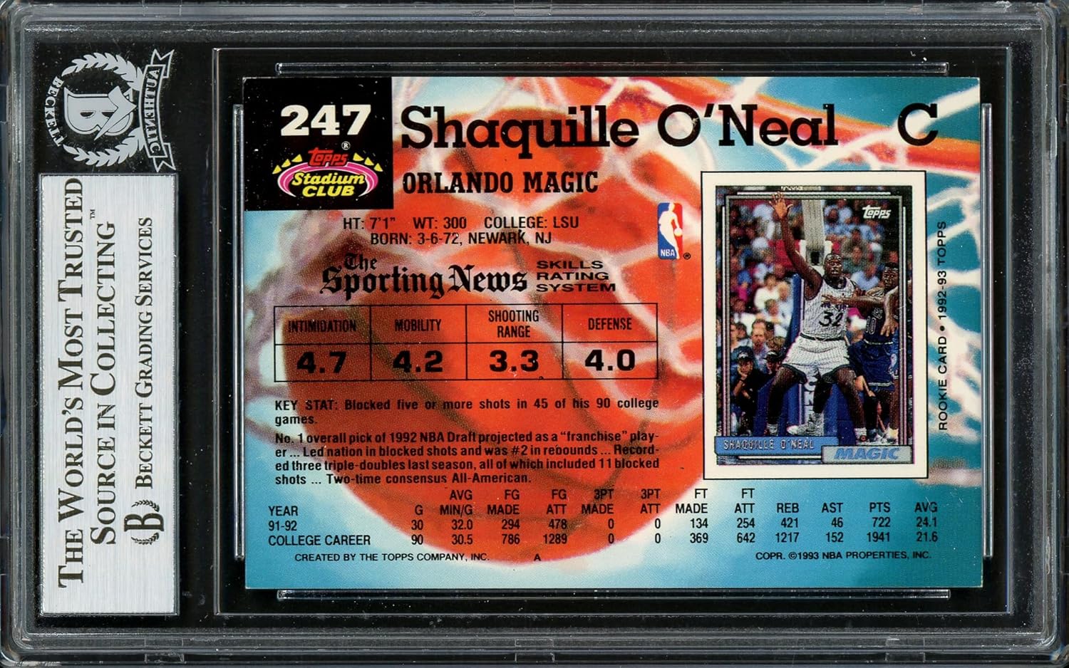 Shaquille Shaq O'Neal Autographed 1992-93 Stadium Club Rookie Card #247 Beckett BAS #13020281