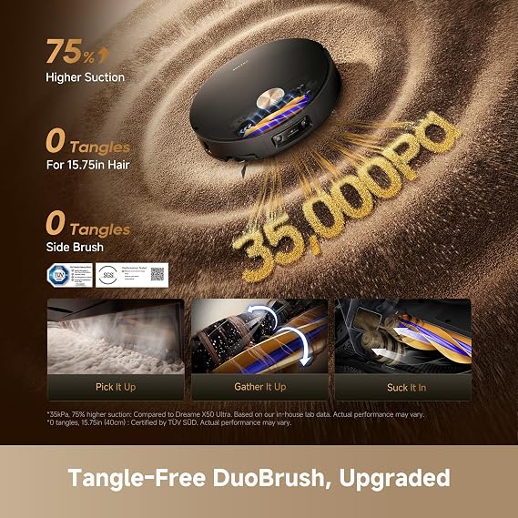 DREAME X60 Max Ultra Complete Robot Vacuum and Mop, Upgraded from X50 Series, 3.13in (7.95cm) Ultra-Thin Design, 35,000Pa Suction, Self Emptying&Refilling, Mop Self-Cleaning, 280+ Obstacle Avoidance