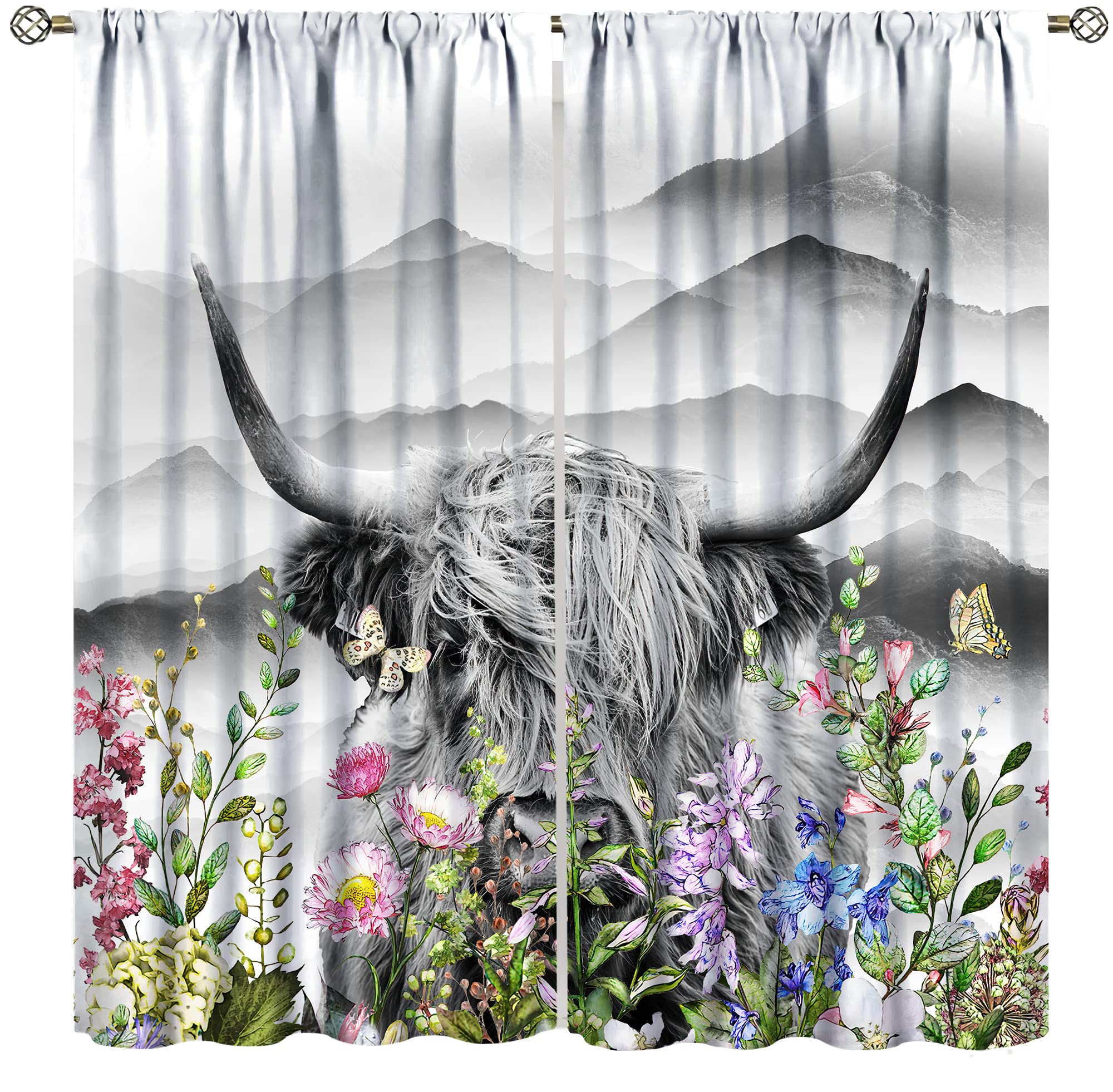 Highland Cow Curtains, Colorful Floral Wildlife Gray Bull Butterfly Farmhouse Theme, Blackout Curtains for Bedroom Living Room, 2 Panel Set,42X45 Inch
