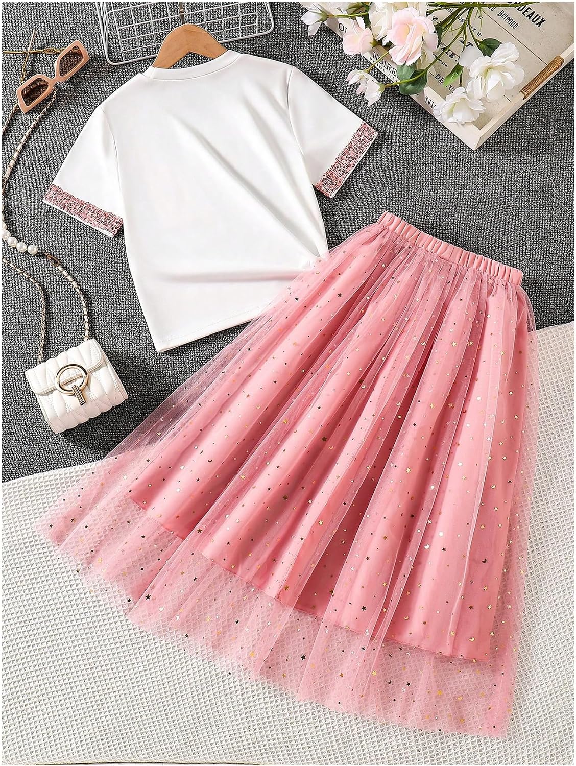 Floerns Girl's 2 Piece Summer Outfits Sparkly Sequin Short Sleeve Tops and Glitter Mesh Long Skirt Set
