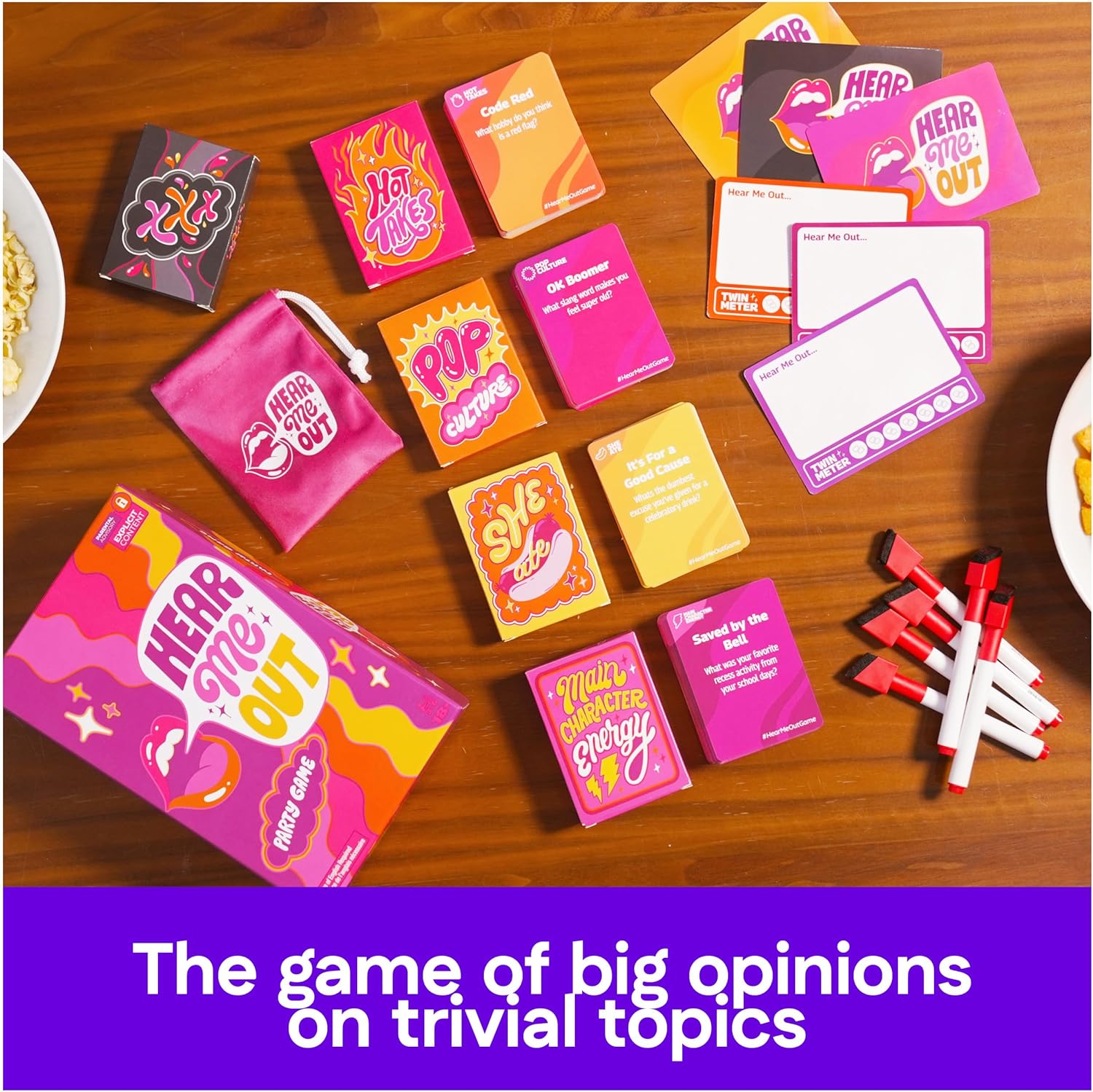 Spin Master Games, Hear Me Out – Defend Hot Takes with Deeply Unserious Questions & Deeply Serious Opinions, Party Game, Adult Card Game, 3-6 Players, for Ages 18 & Up