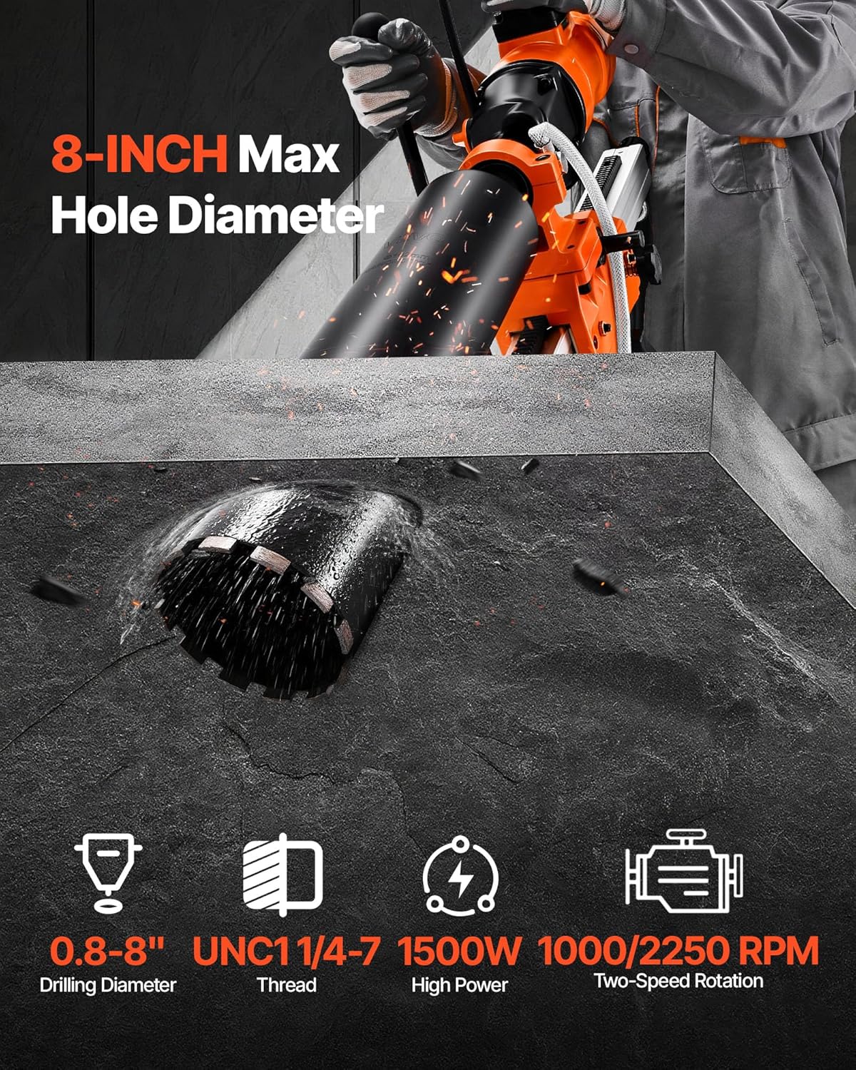 VEVOR Diamond Core Drilling Machine, 8 in Drilling Diameter, 2-in-1 Handheld & Stand-Mount Dry and Wet Concrete Core Drill Rig with 4 Drill Bits, 1075/2300 RPM 2-Speed, for Concrete Brick Stone, 1800W