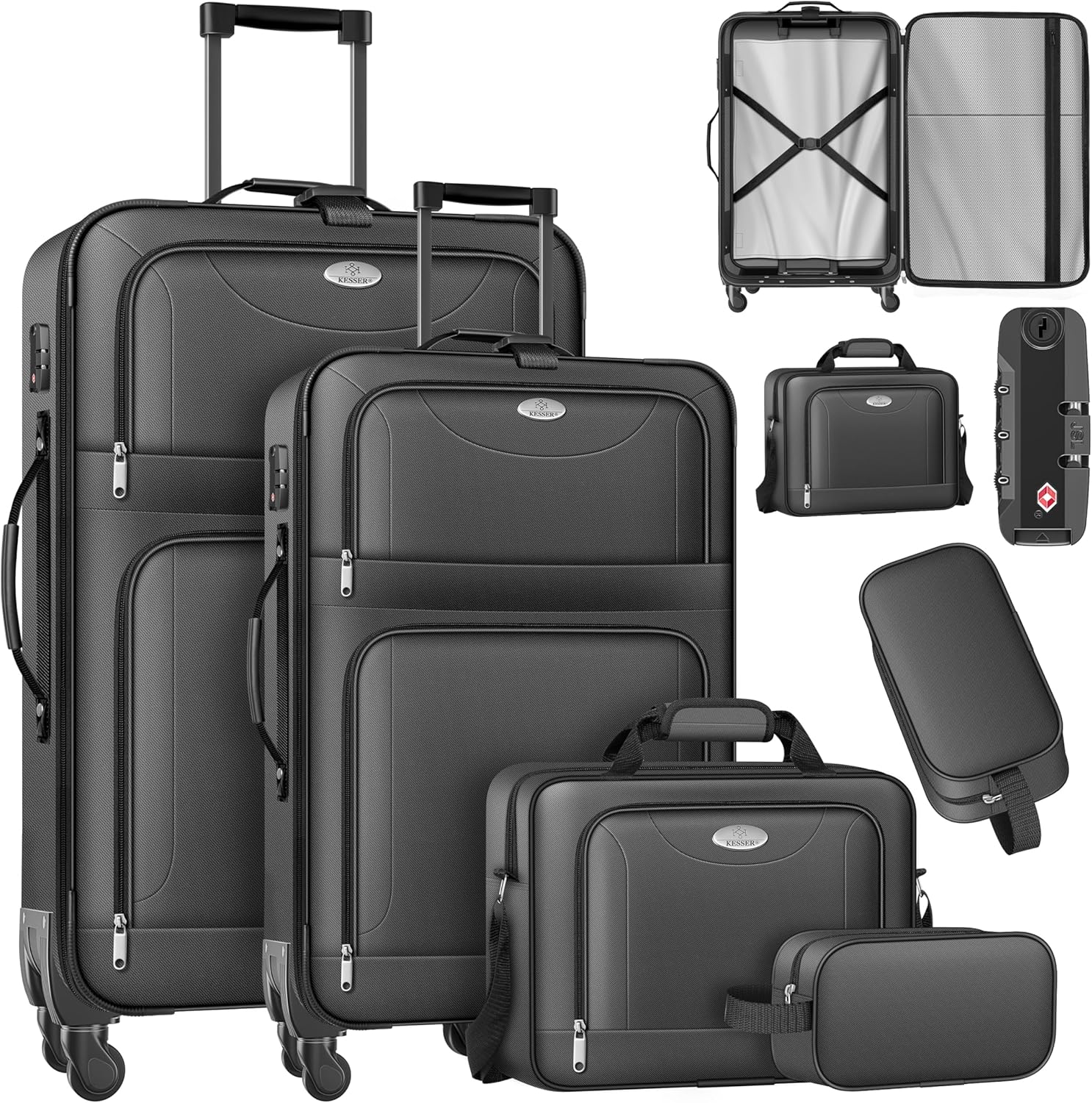 KESSER® Travel Suitcase Set of 4, Fabric Trolley Suitcase with 3 Digit TSA Lock, 360° Wheels and Telescopic Handle, Cosmetic Bag, Lightweight Suitcase and Large Suitcase for Travel, Charcoal KESSER® Travel Suitcase Set of 4, Fabric Trolley Suitcase with 3 Digit TSA Lock, 360° Wheels and Telescopic Handle, Cosmetic Bag, Lightweight Suitcase and Large Suitcase for Travel, Charcoal