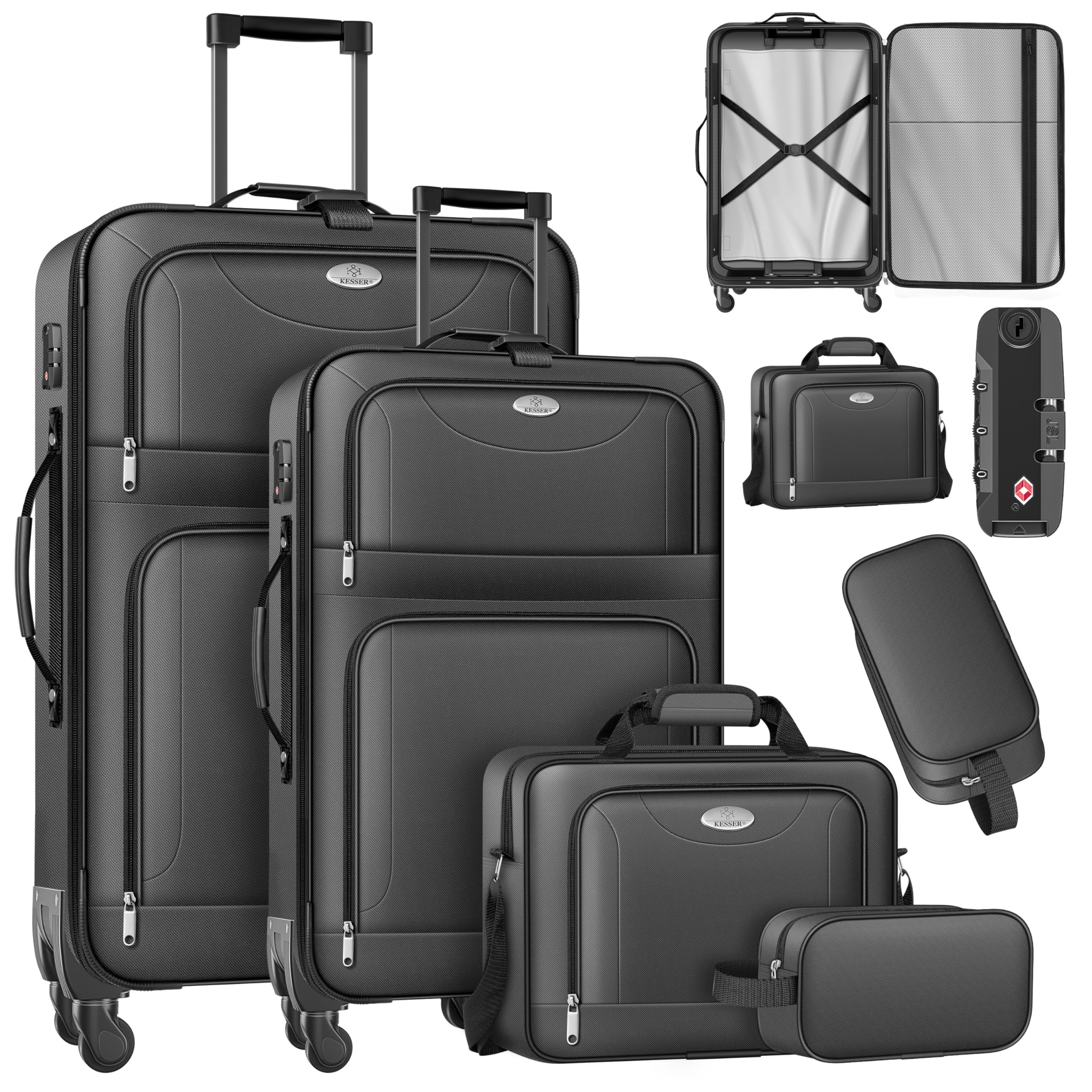KESSER® Lot de 4 valises de voyage - Sac à roulettes en tissu avec serrure TSA - Roulettes à 360° et poignée télescopique - Sac cosmétique - Valise légère et grande