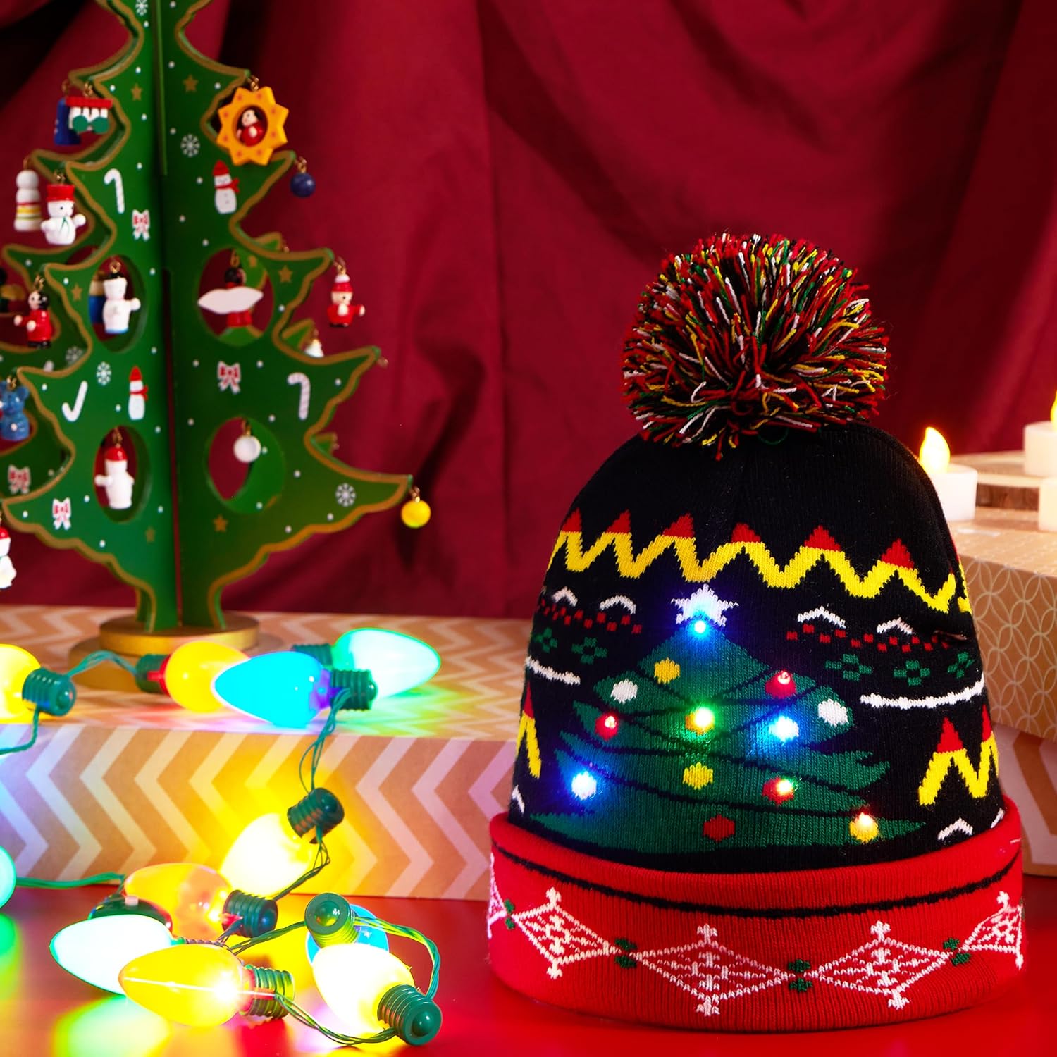JOYIN 2 Pcs Christmas Hat with Light-up Necklace (12 Bulbs), Knitted Beanie Hat for Xmas, Winter Party Favor - Image 4
