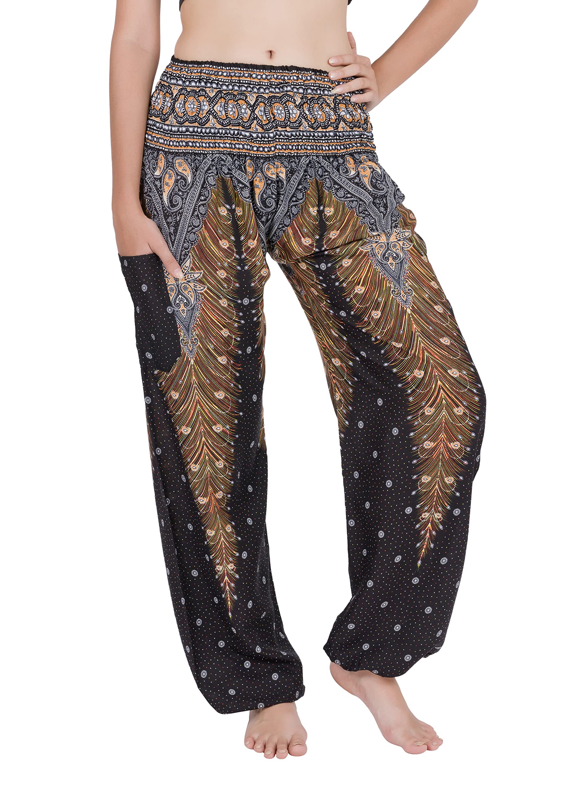 Chainupon Women's Black Peacock Harem Trousers Boho Loose Yoga Pants Casual Bohemian Hippie Lounge Elephant Pyjamas Bottoms (L-Xl, )