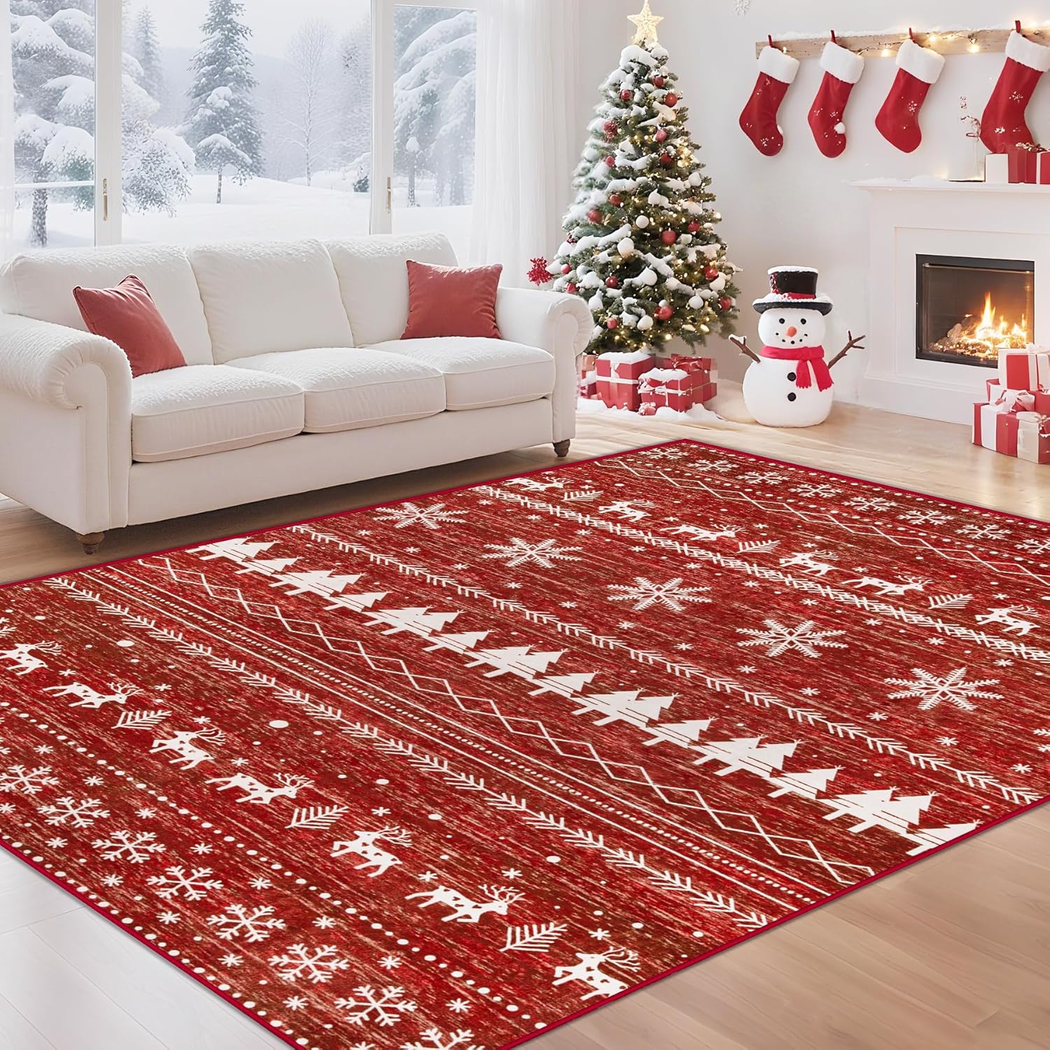 Christmas 6x9 Area Rugs for Living Room: Washable Moroccan Geometric Rug Boho Non Slip Stain Resistant Rugs Low Pile Soft Carpet for Xmas Holiday Decor Bedroom Dining Room Playroom (Xmas Red,6'x9') Xmas Red 6' x 9' (Rectangular)