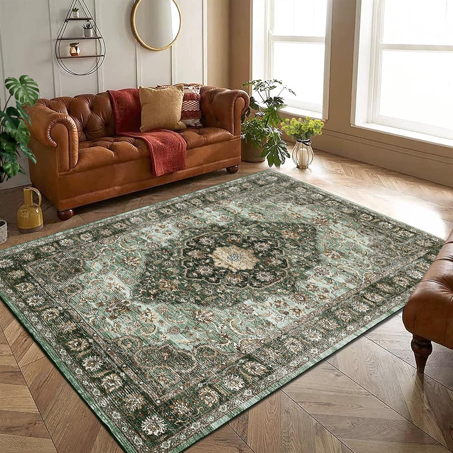 Green Floral 2' x 6' Washable Non-Slip Runner Rug