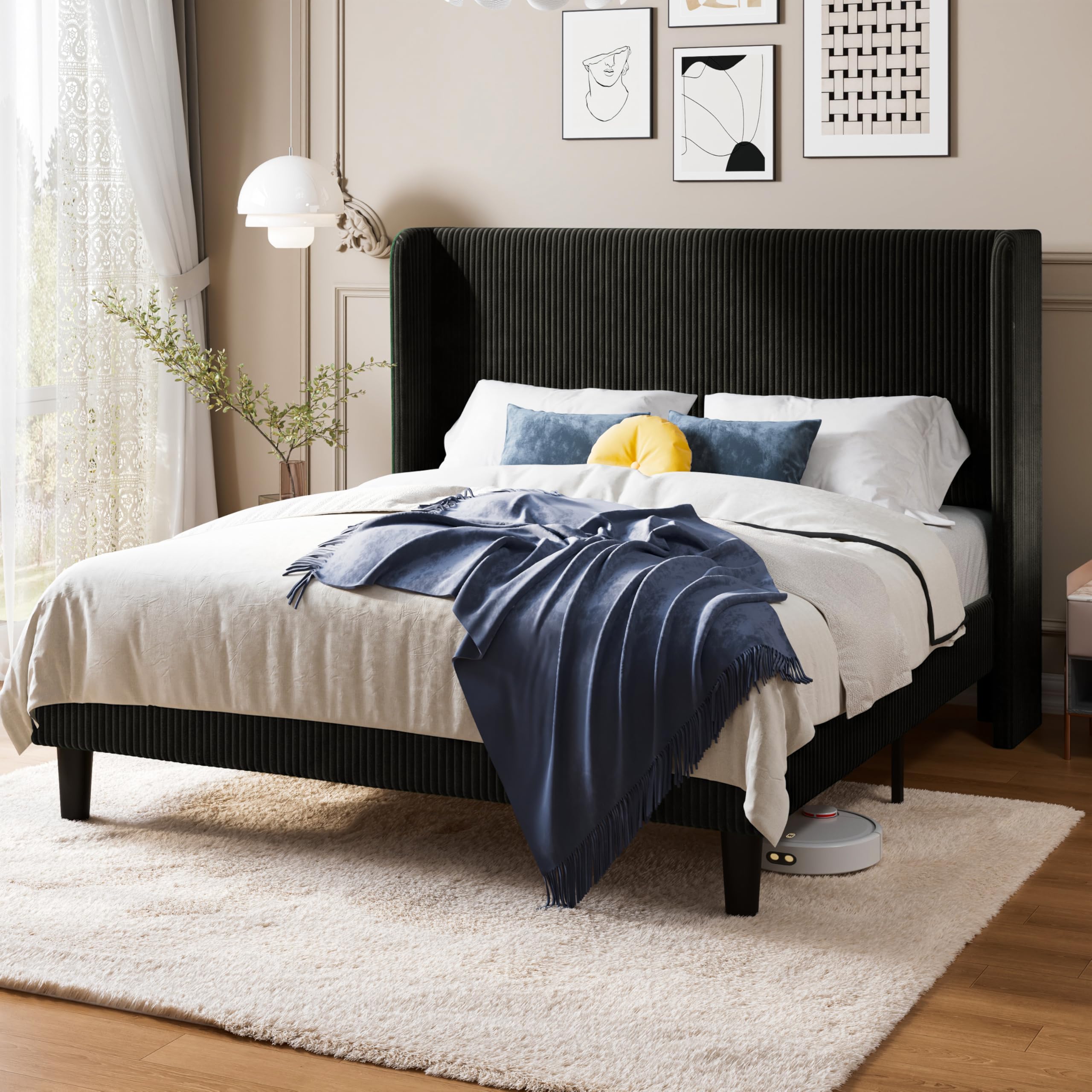 allewie full size bed frame with upholstered wingback headboard, vertical channel tufted corduroy velvet platform bed, strong wooden slats support, no box spring needed, easy assembly, sturdy, black