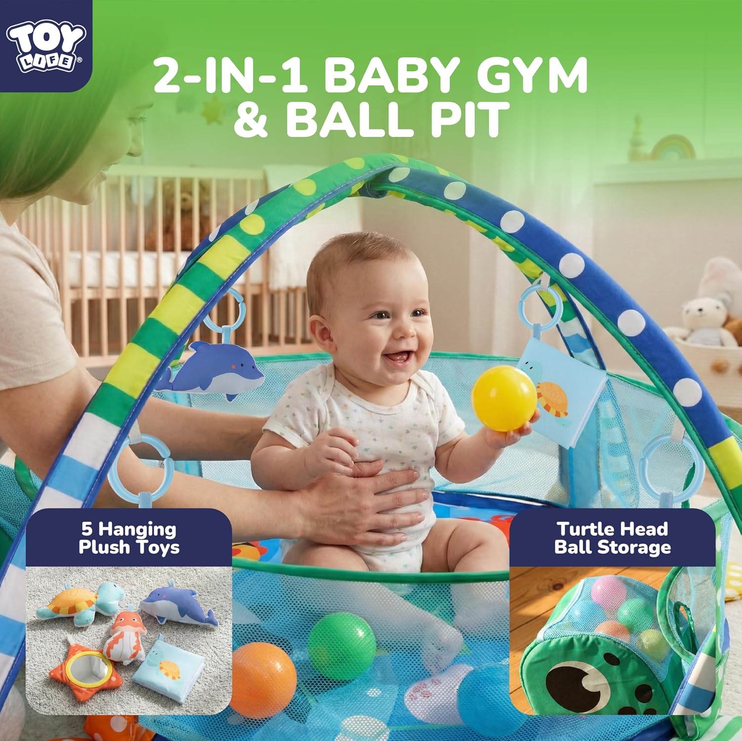 TOY Life Baby Play Gym Mat, 2-in-1 Turtle Tummy Time Mat with 5 Detachable Toys & Ball Pit Fun for Newborn 0-3-6-9-12, Activity Gym for Baby Girls & Boys, Infant Play Mat, Washable Baby Playmat