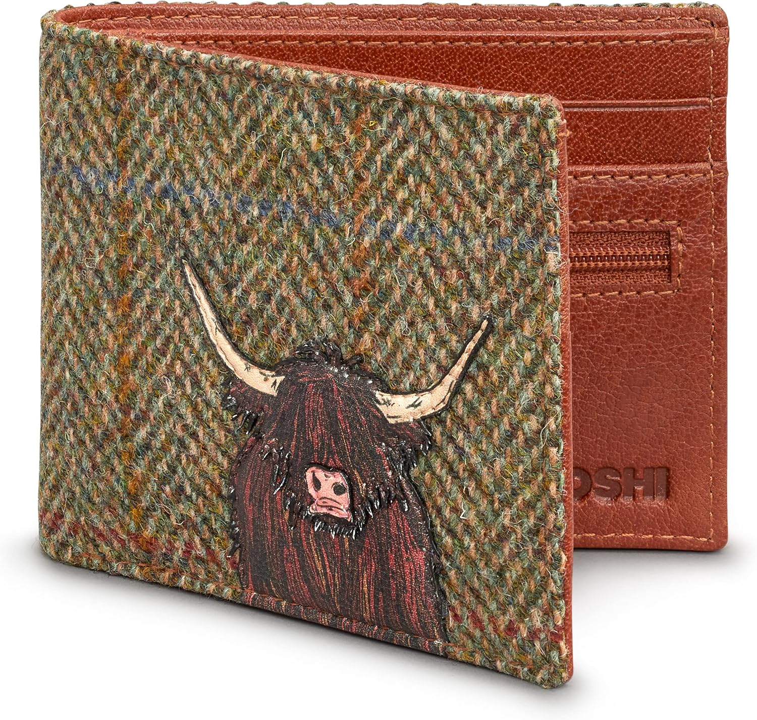 Yoshi Highland Cow Harris Tweed & Leather Wallet, Mens Leather Wallet