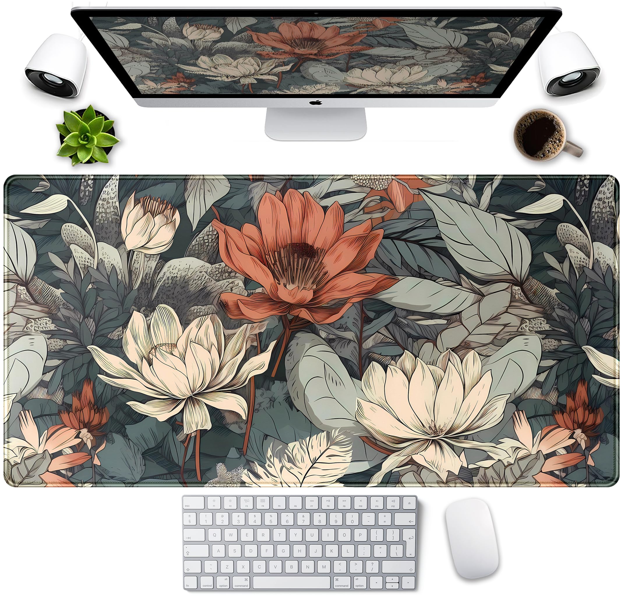 Vintage Floral Desk Mat XXL Large Gaming Mouse Pad Extended Desk Pad, Tropical Plants Laptop Keyboard Mouse Mat with Stitched Edges 31.5x15.75 in,