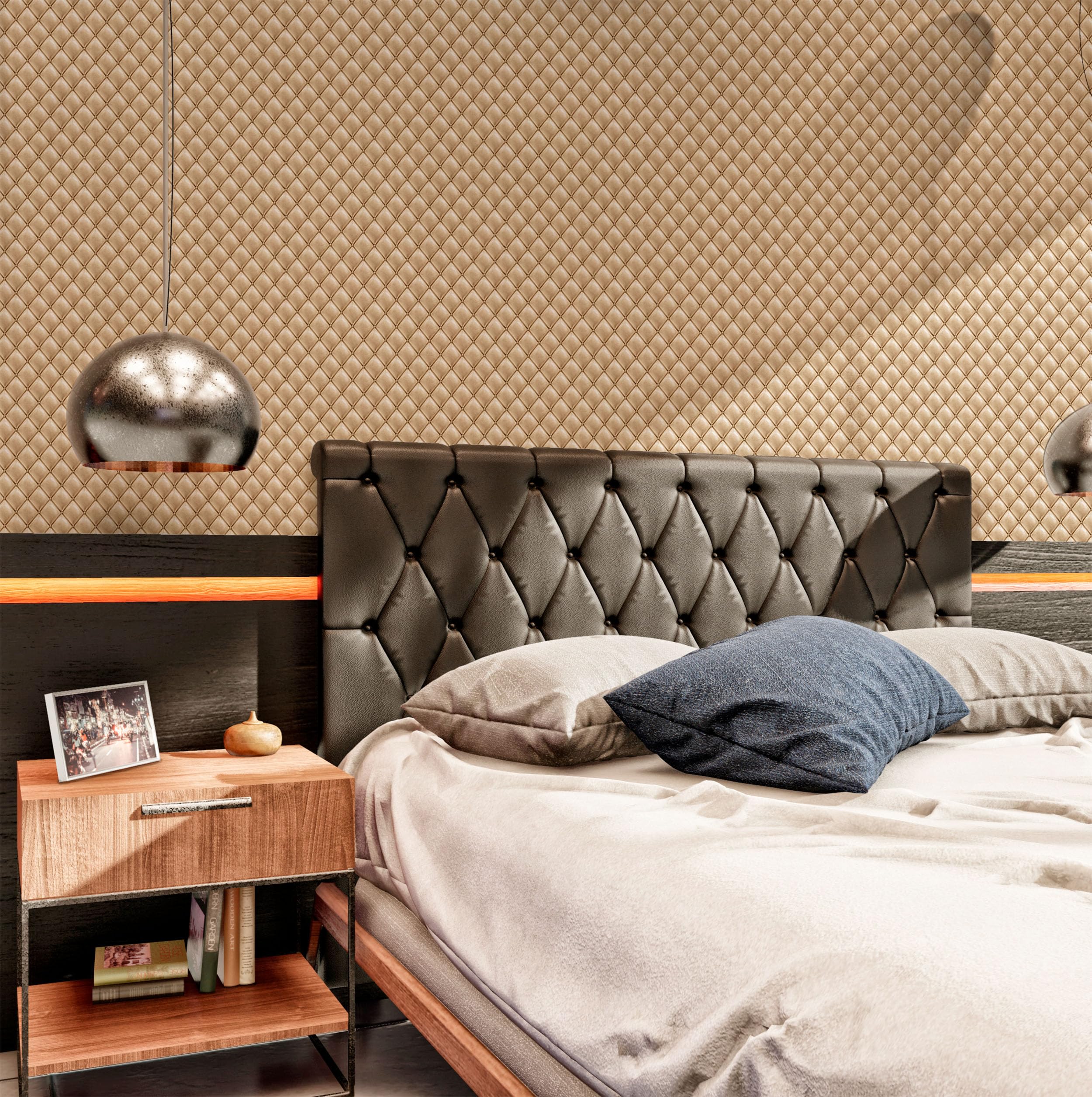 Tapeta flizelinowa beżowa wygląd tapicerowany tapeta Chesterfield