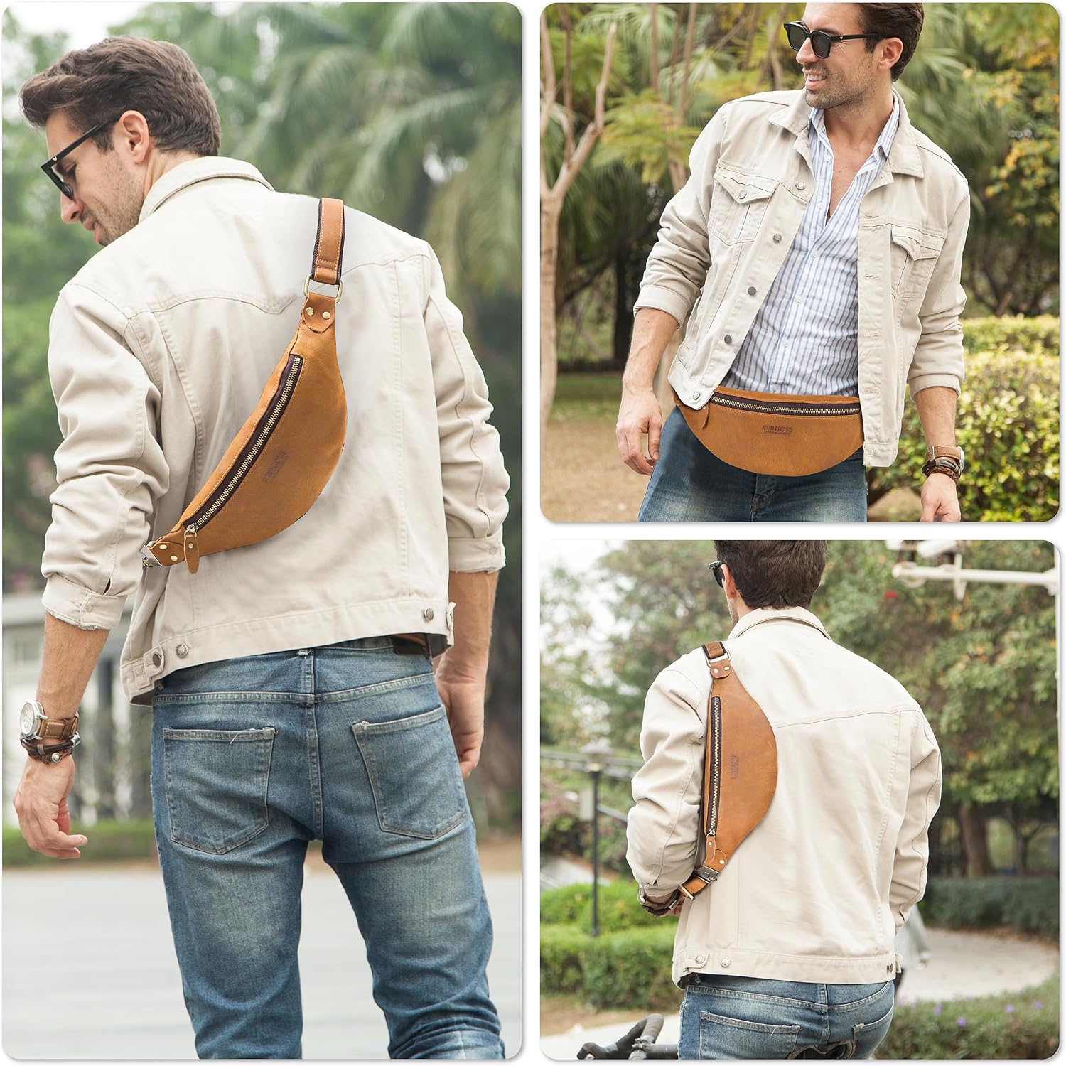 Top Grain Genuine Leather Slim Waist Pack for Man & Woman, Minimalist Vintage Design, Handmade with Detachable Hardware, Slim Fanny Pack Small Crossbody Belt Bag for Traveling or Riding, Brown