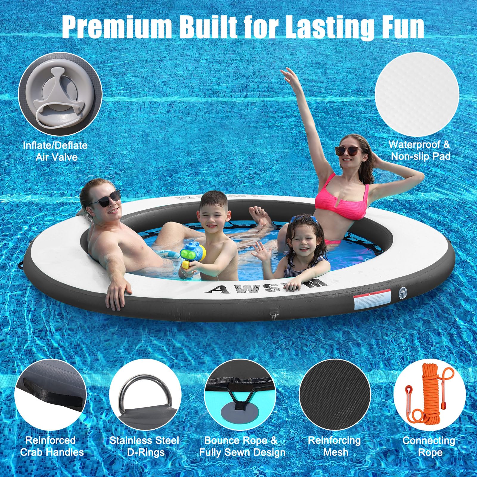 AWSUM 8FT Inflatable Water Hammock Round Circle Dock Floating River Raft Ring Lake Floats Swimming Pool Platform for Adults Island